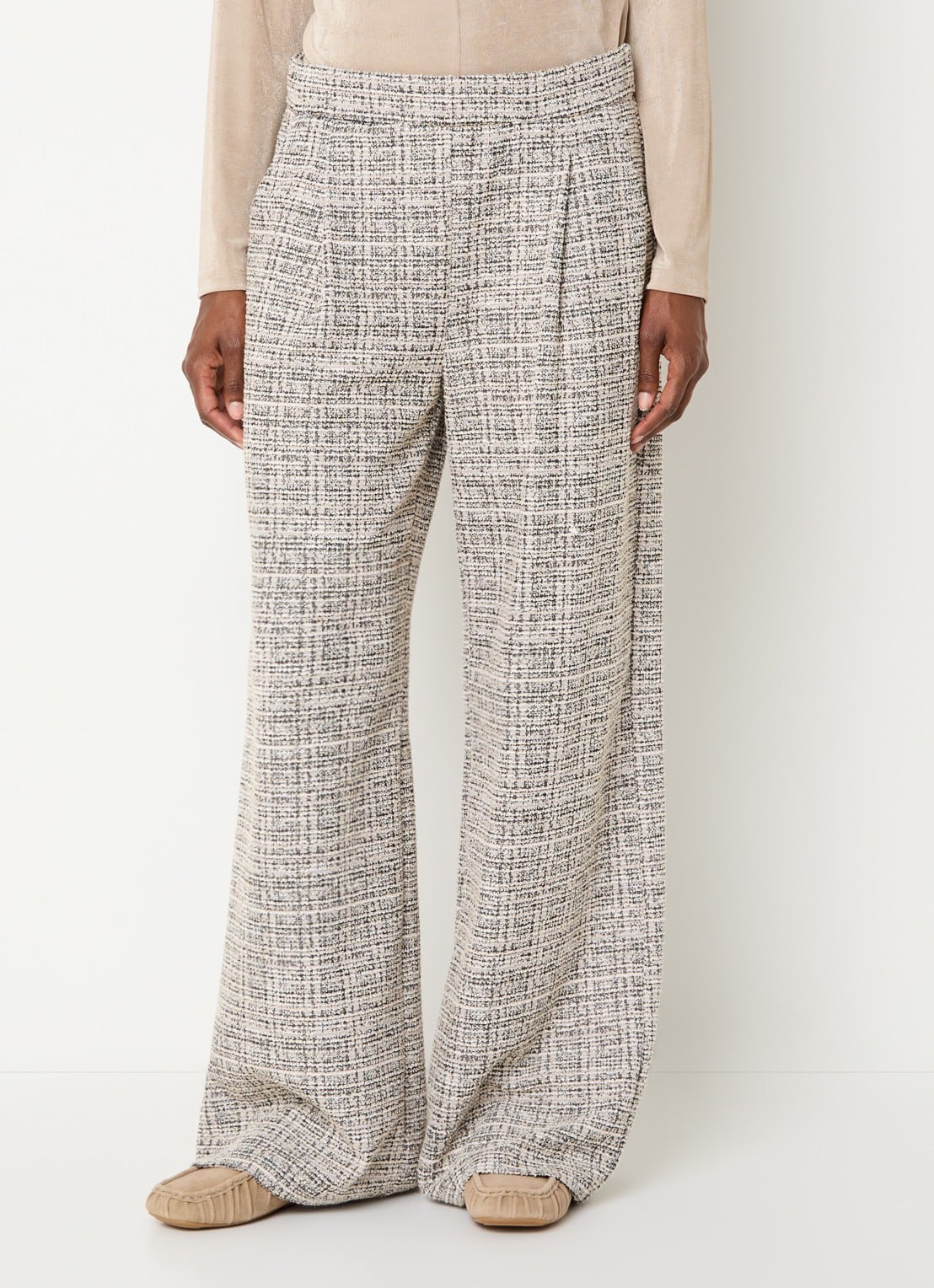 Joseph Ribkoff High waist loose fit pantalon met tweed-look en steekzakken - detail beige