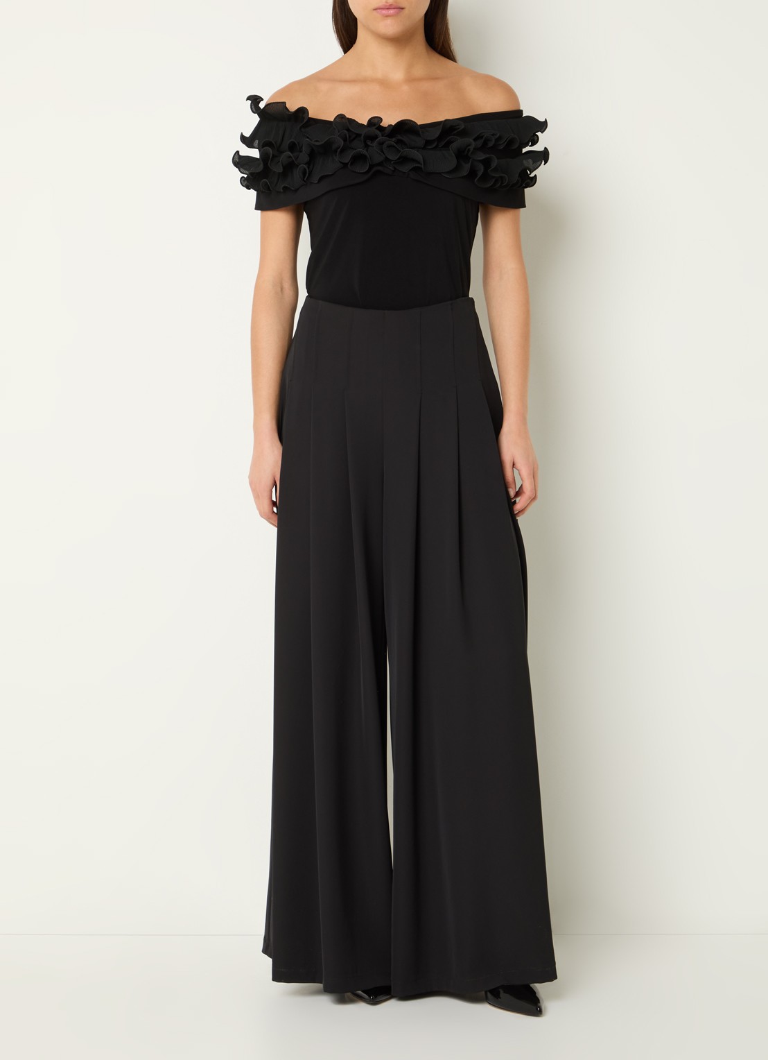 Joseph Ribkoff High waist wide fit palazzo broek met plooidetail - voorkant 4 zwart