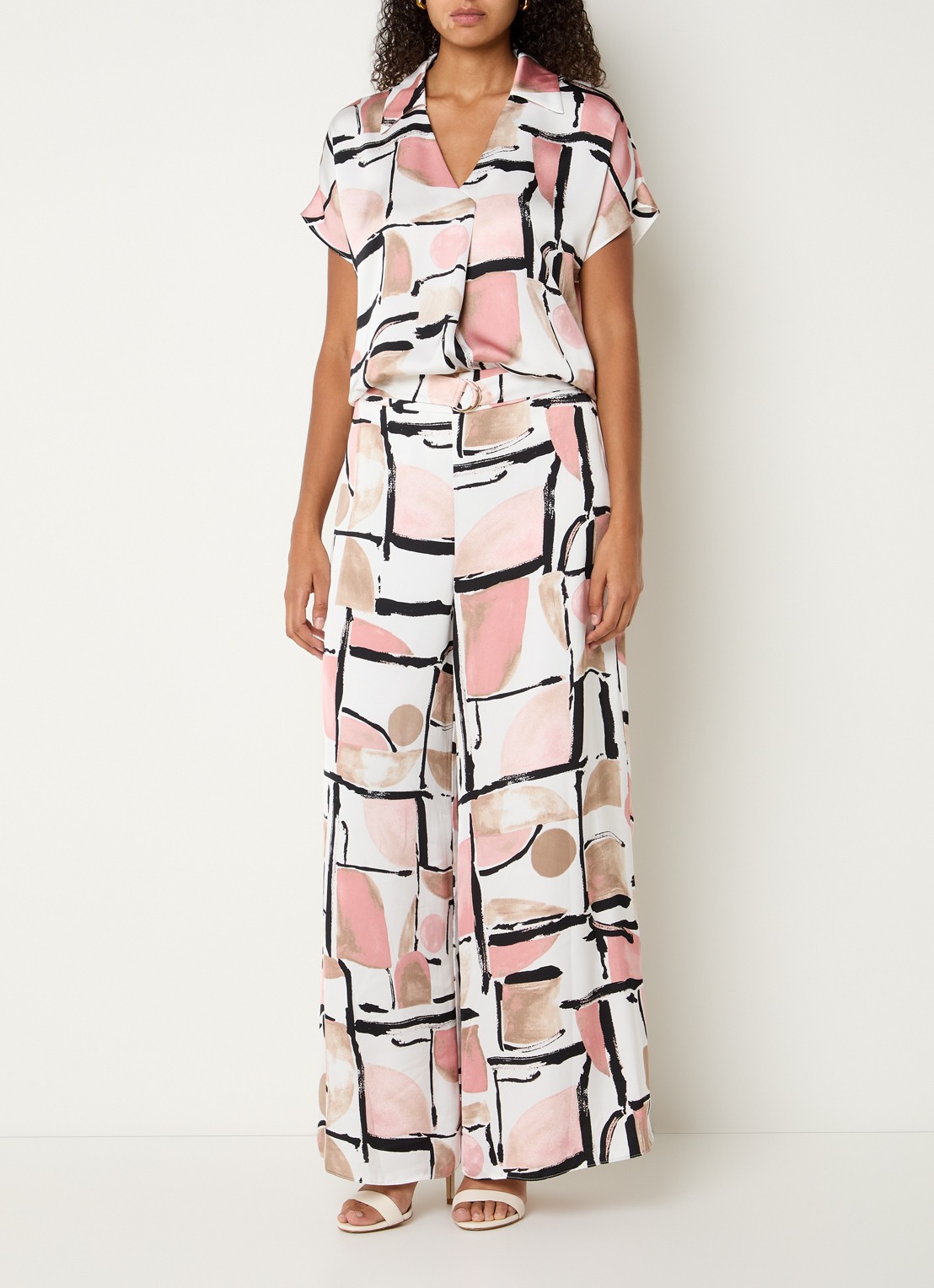 Joseph Ribkoff High waist wide fit palazzo broek met print en ceintuur - voorkant 2 wit