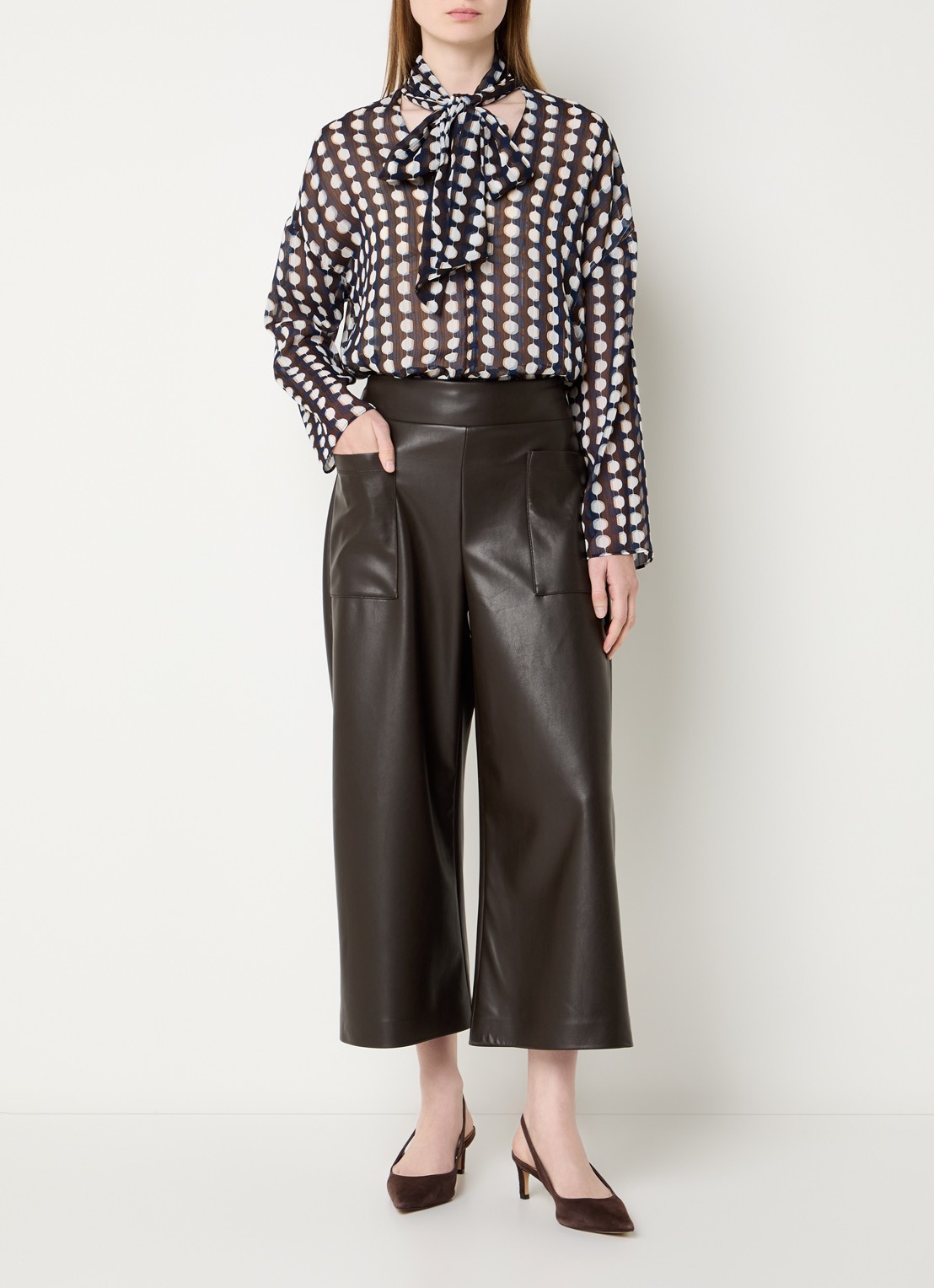 Joseph Ribkoff High waist wide fit palazzo broek van imitatieleer - voorkant 4 donkerbruin