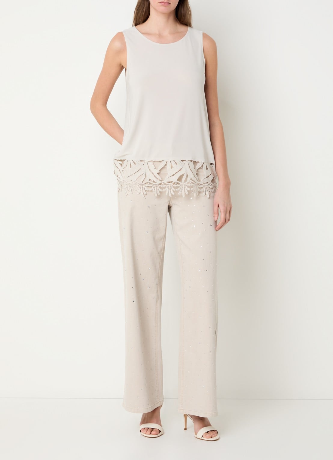 Joseph Ribkoff High waist wide leg jeans met gekleurde wassing en strass - voorkant 3 beige