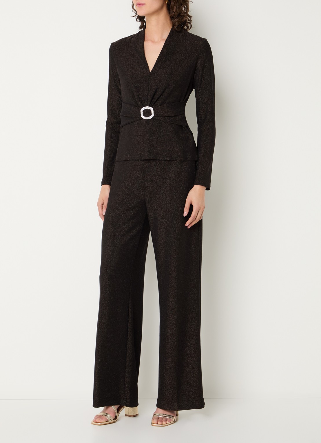 Joseph Ribkoff Low waist loose fit broek met lurex - voorkant 4 donkerbruin