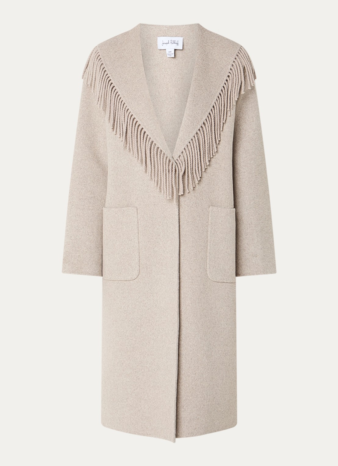 Joseph Ribkoff Mantel in wolblend met franjes - voorkant 2 beige