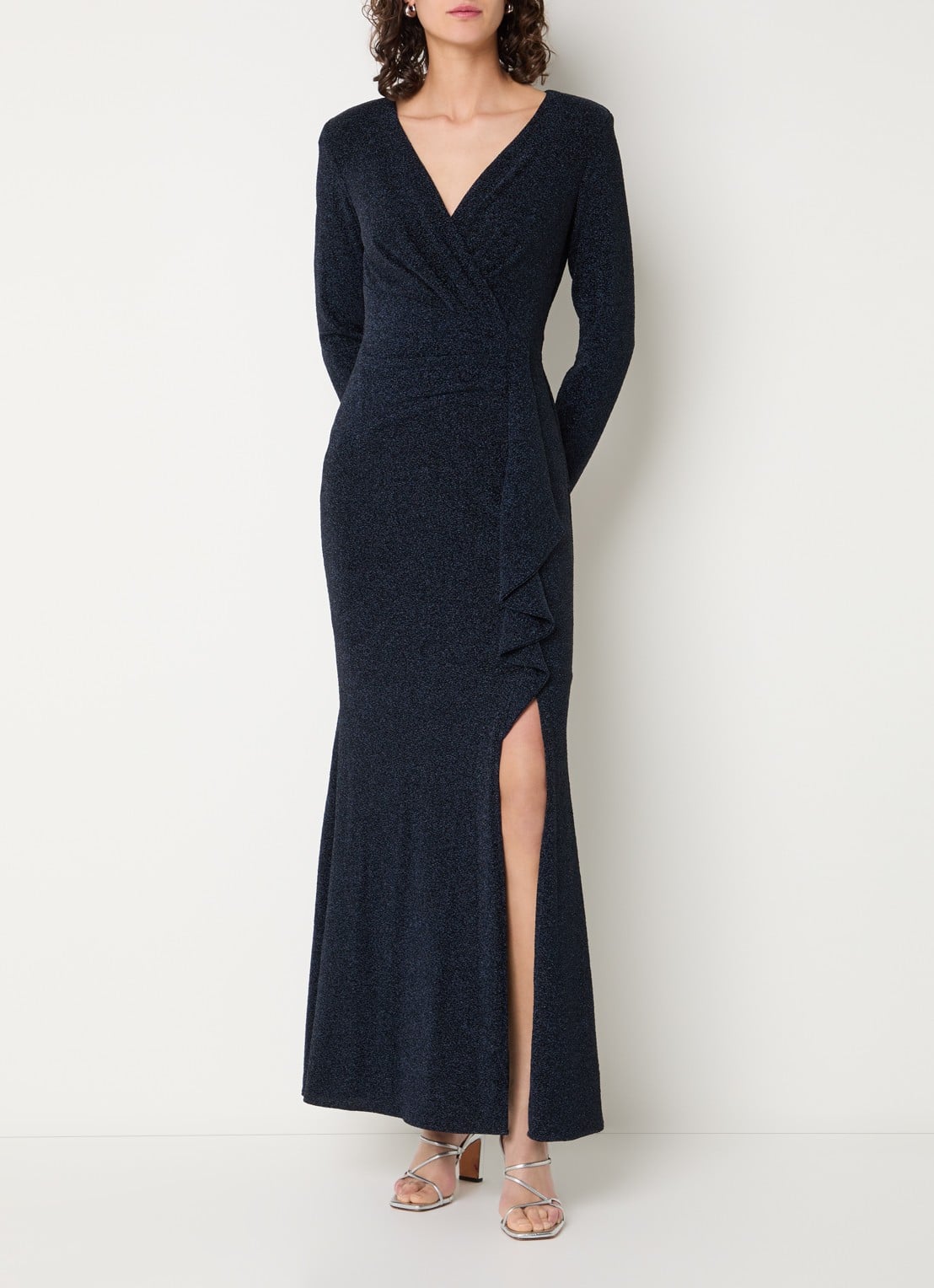 Joseph Ribkoff Maxi jurk met split en V-hals - detail 4 donkerblauw