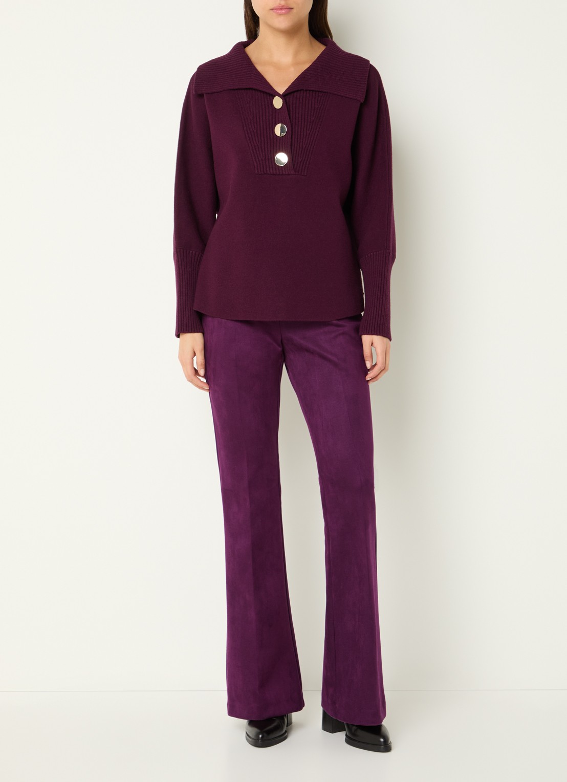 Joseph Ribkoff Mid waist flared fit broek van fluweel - voorkant 2 aubergine