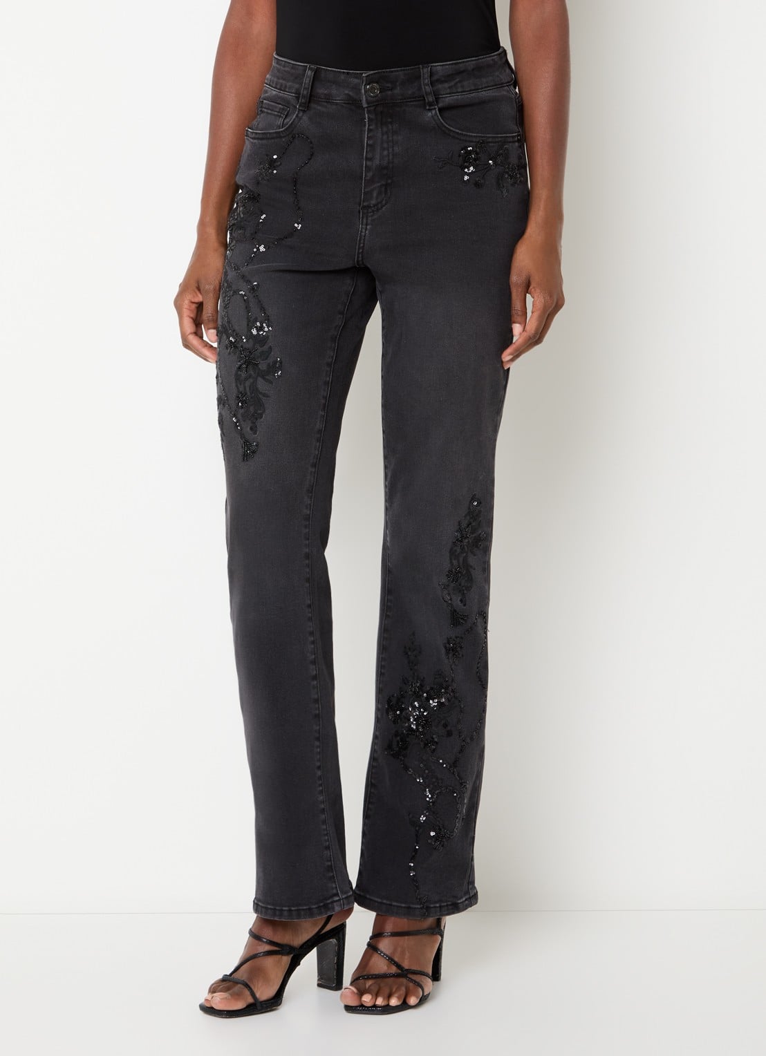 Joseph Ribkoff Mid waist straight leg jeans met kralendecoratie - detail antraciet
