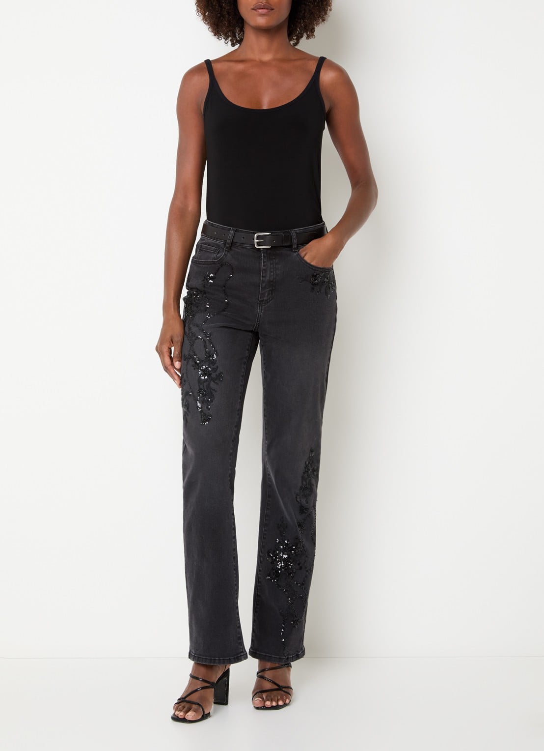 Joseph Ribkoff Mid waist straight leg jeans met kralendecoratie - voorkant 4 antraciet