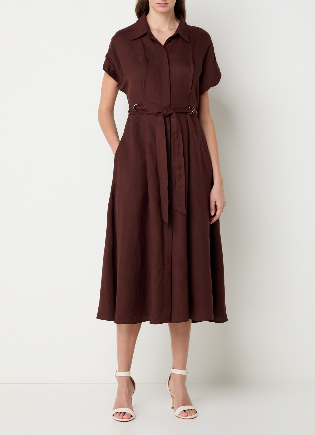 Joseph Ribkoff Midi blousejurk in linnenblend met strikceintuur - detail kastanjebruin
