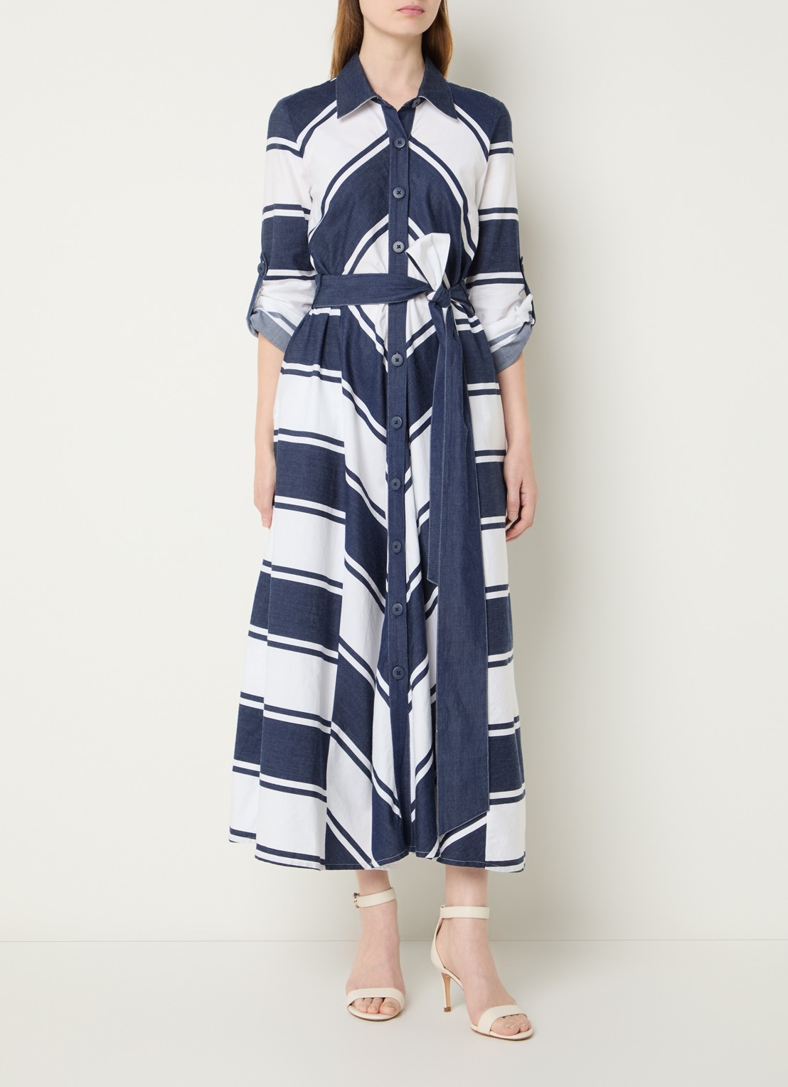 Joseph Ribkoff Midi blousejurk met strikceintuur en print - detail donkerblauw