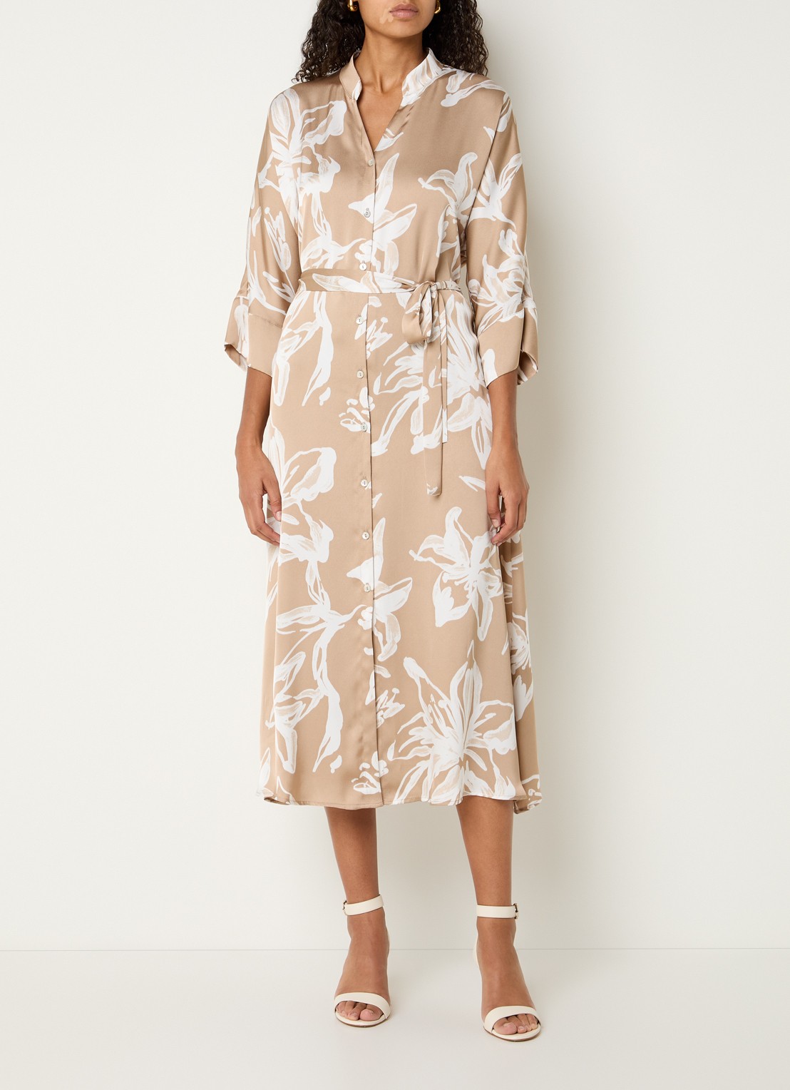 Joseph Ribkoff Midi blousejurk van satijn met bloemenprint - detail beige