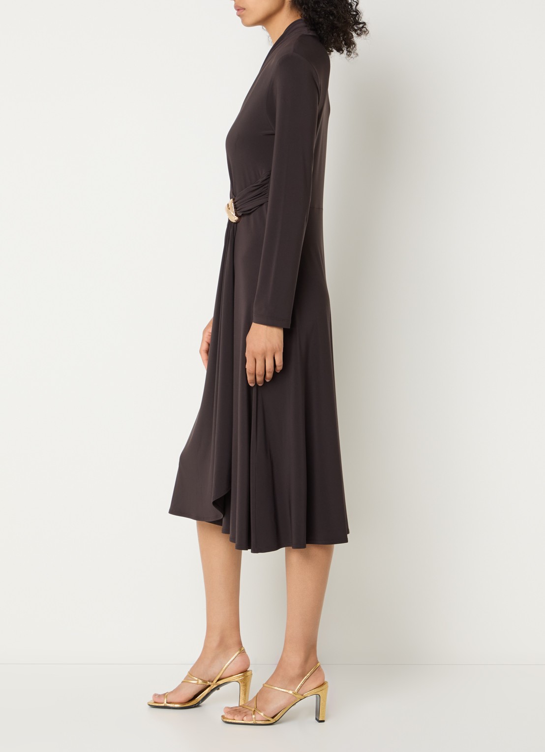 Joseph Ribkoff Midi jurk met knoopdetail - voorkant 2 donkerbruin