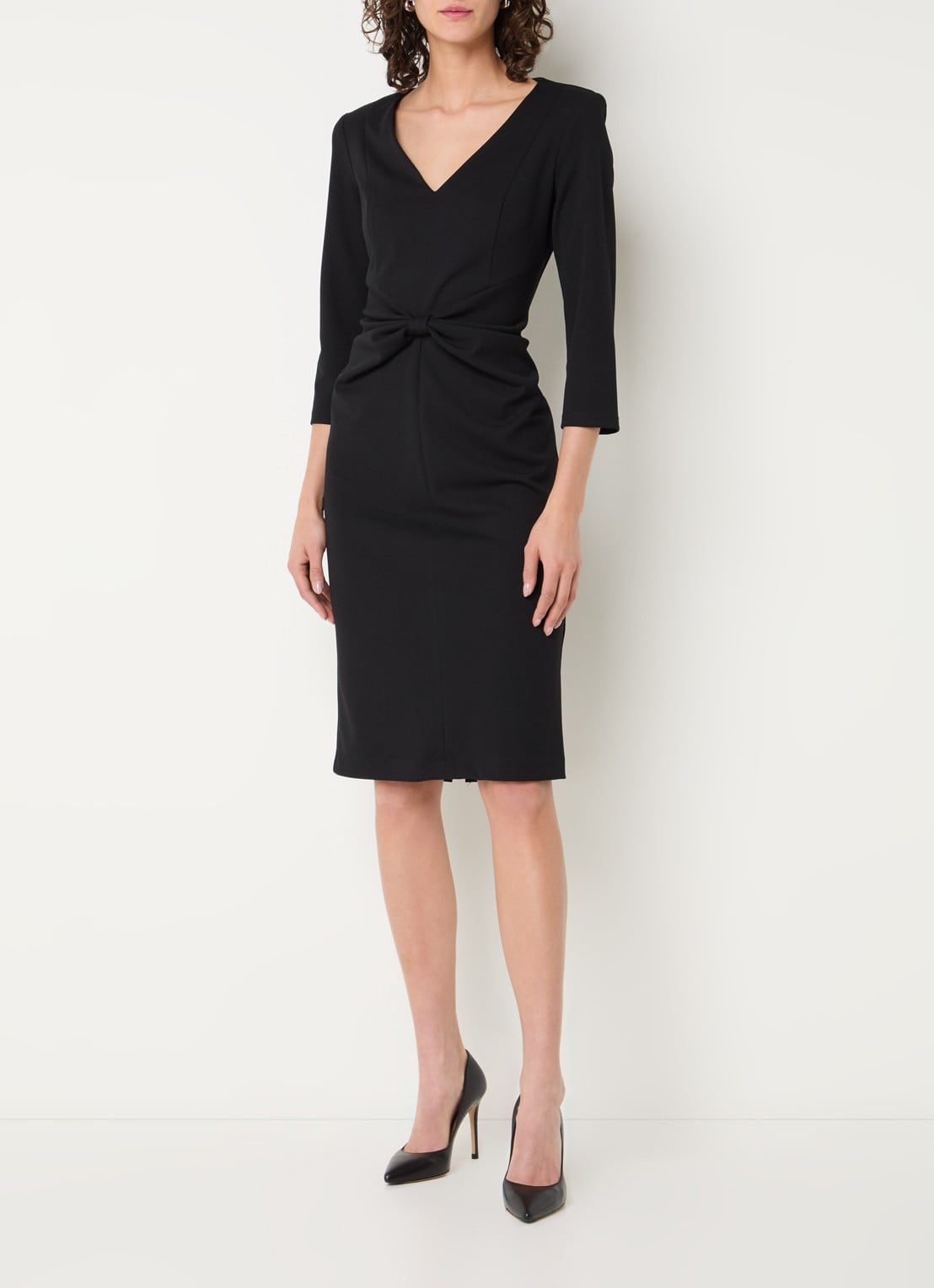 Joseph Ribkoff Midi jurk met schoudervulling en strikdetail - voorkant 3 zwart