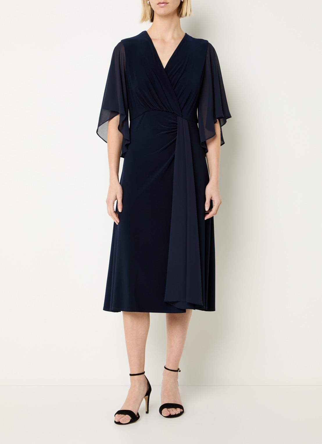 Joseph Ribkoff Midi jurk met V-hals en plooidetail - detail 4 donkerblauw