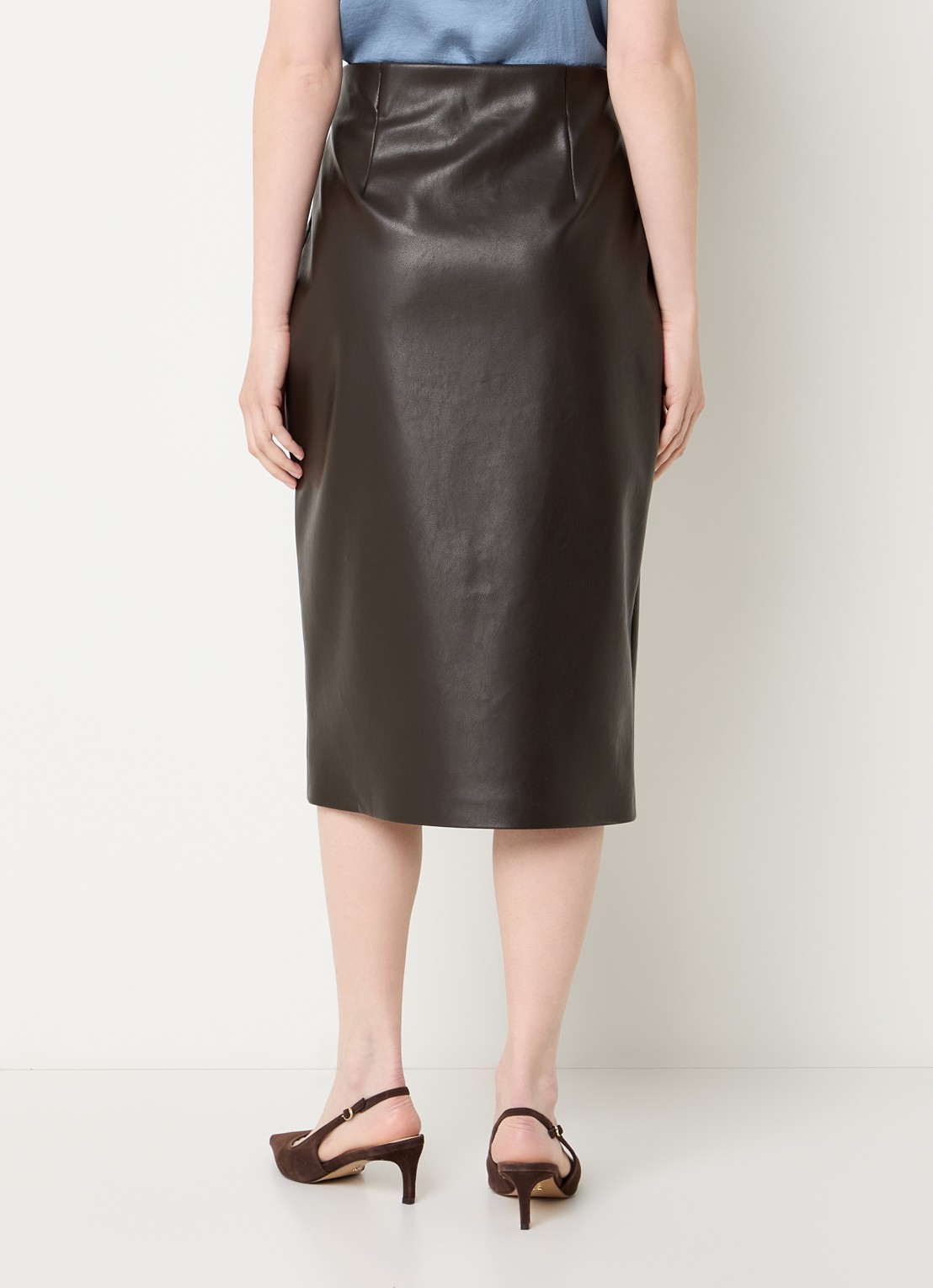Joseph Ribkoff Midi rok van imitatieleer en split - achterkant 4 donkerbruin