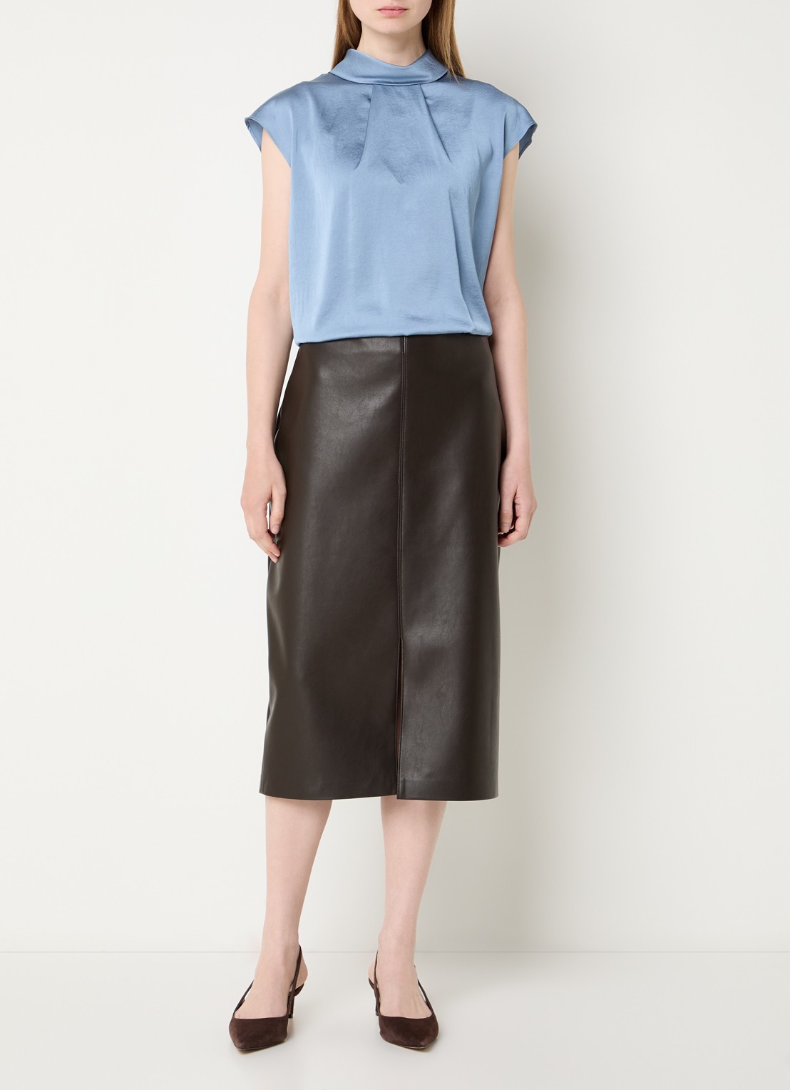 Joseph Ribkoff Midi rok van imitatieleer en split - voorkant 2 donkerbruin