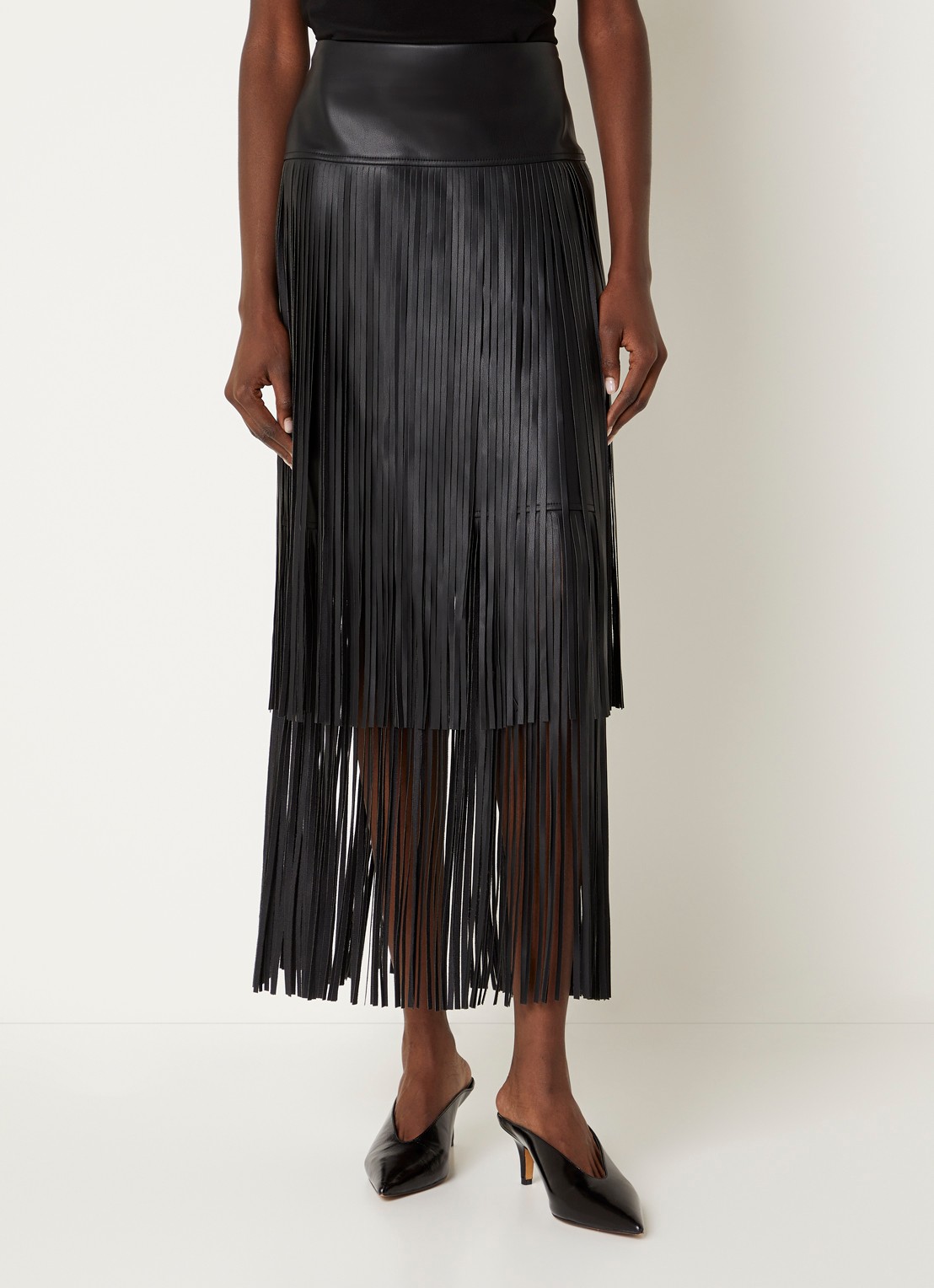 Joseph Ribkoff Midi rok van imitatieleer met franjes - detail zwart
