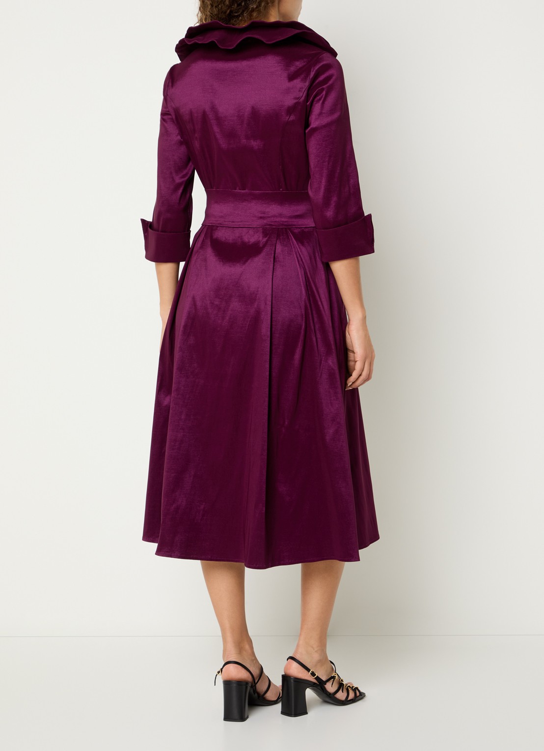 Joseph Ribkoff Midi tuniekjurk van satijn met strikceintuur - achterkant 2 aubergine