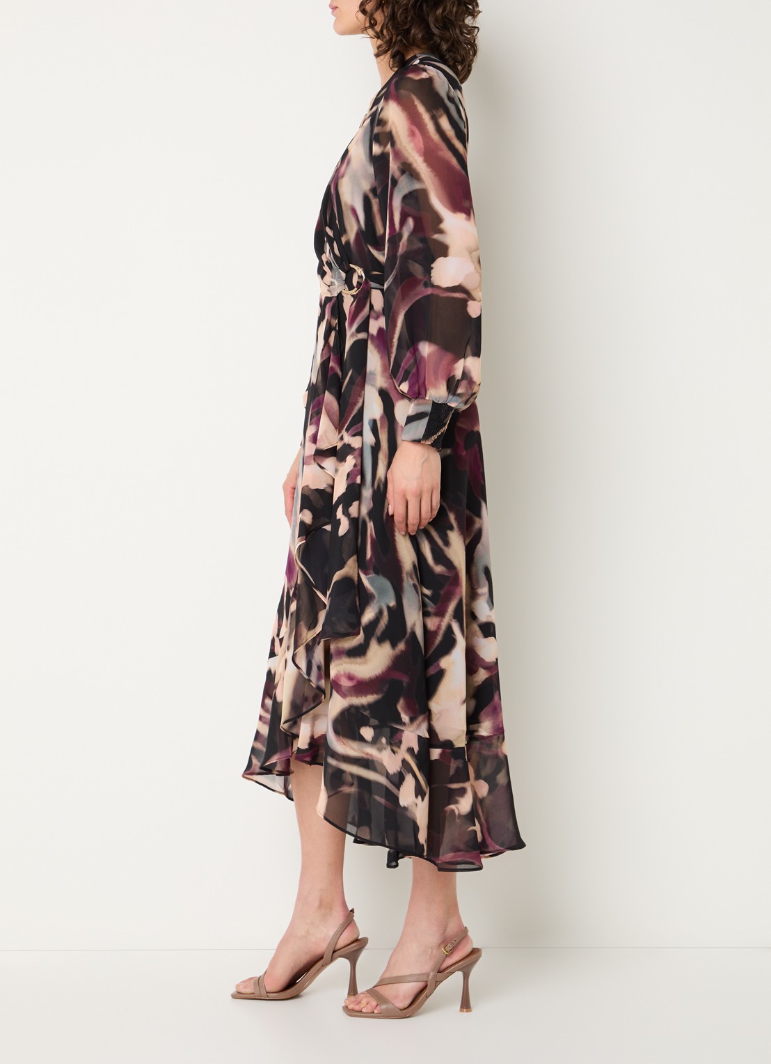 Joseph Ribkoff Midi wikkeljurk met ceintuur - voorkant 3 aubergine