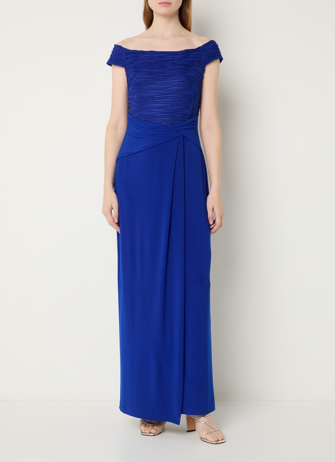 Joseph Ribkoff Off shoulder maxi jurk met lurex - detail kobaltblauw