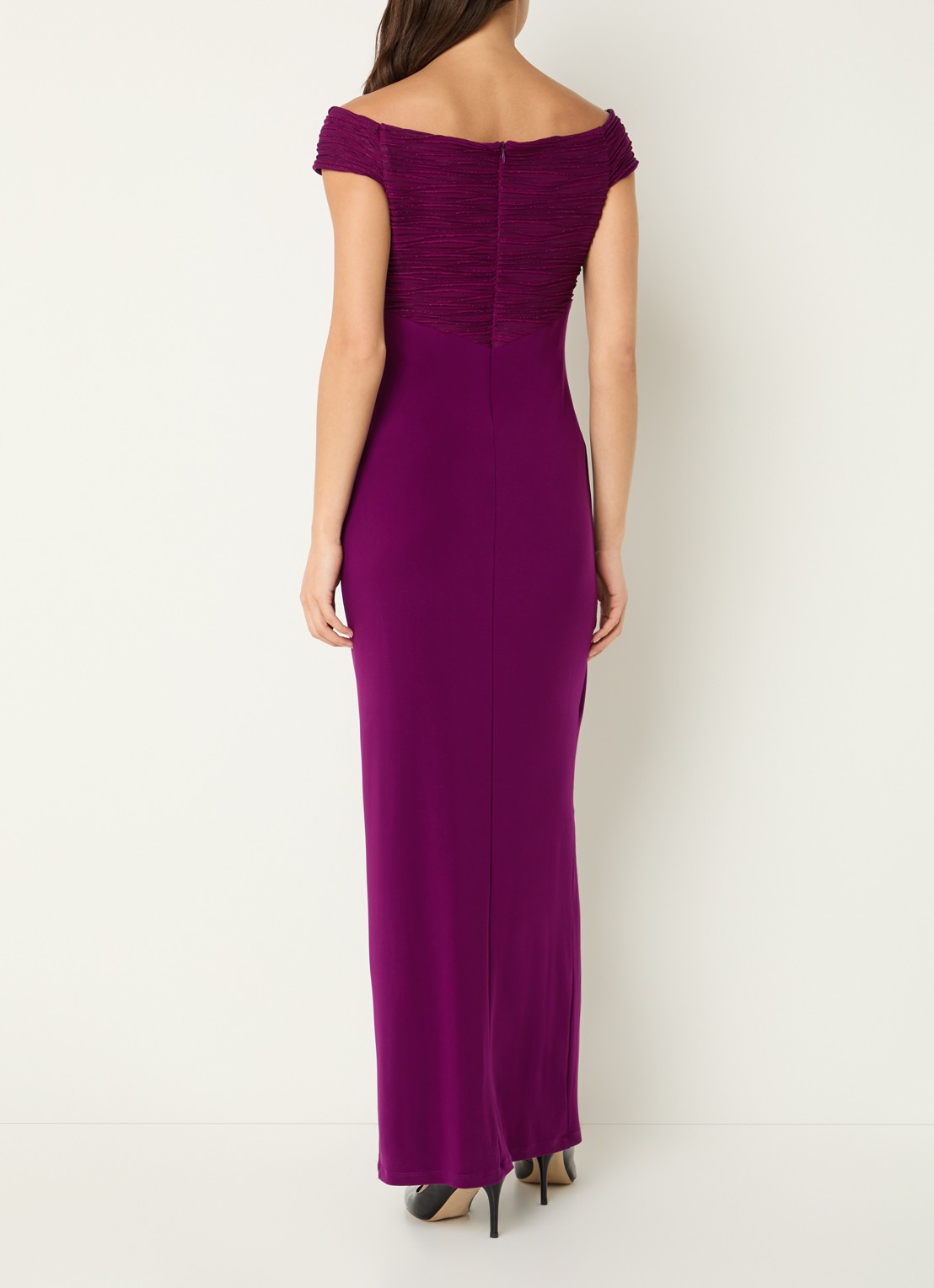 Joseph Ribkoff Off shoulder maxi jurk met lurex - achterkant aubergine