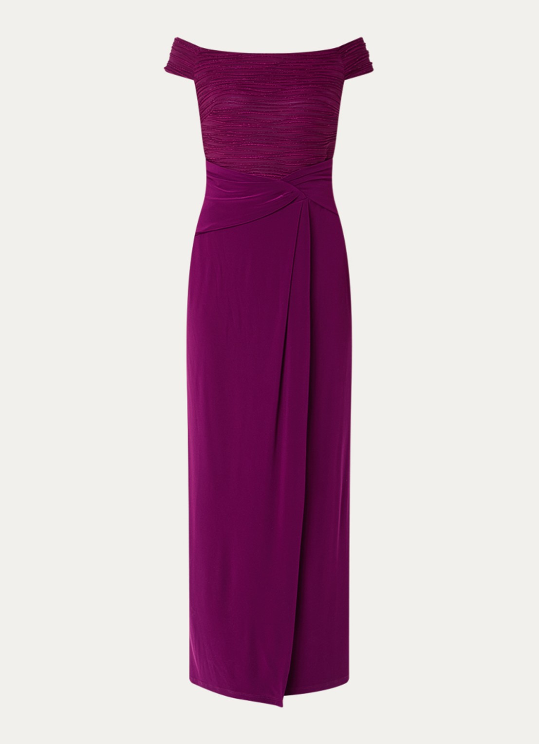 Joseph Ribkoff Off shoulder maxi jurk met lurex - voorkant 2 aubergine