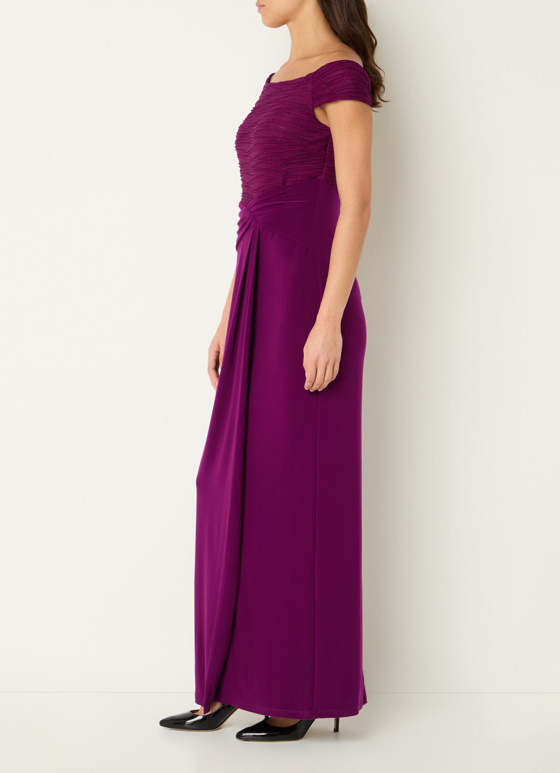 Joseph Ribkoff Off shoulder maxi jurk met lurex - voorkant 3 aubergine