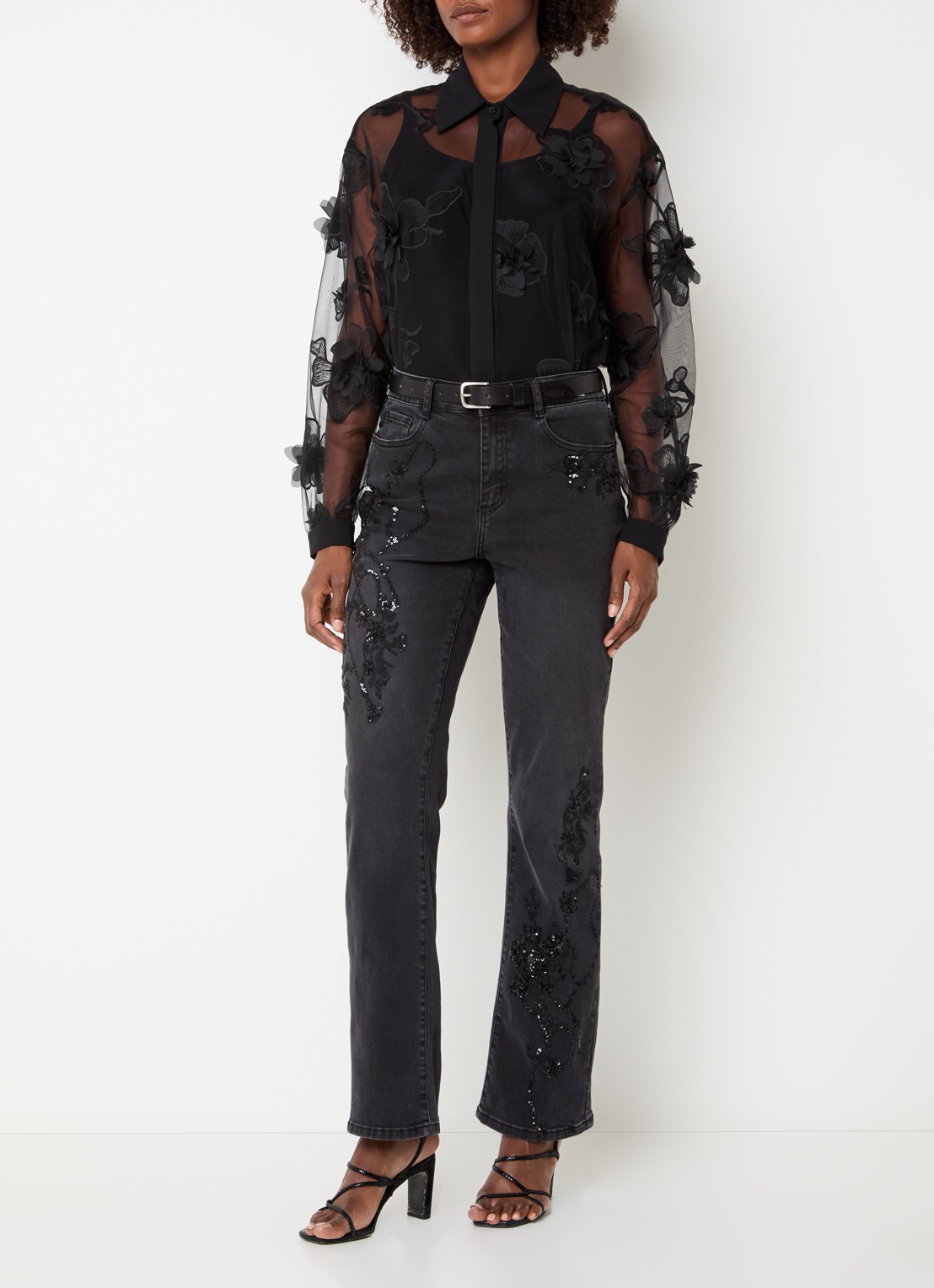 Joseph Ribkoff Semi-transparante blouse met broderie en borduring - voorkant 3 zwart
