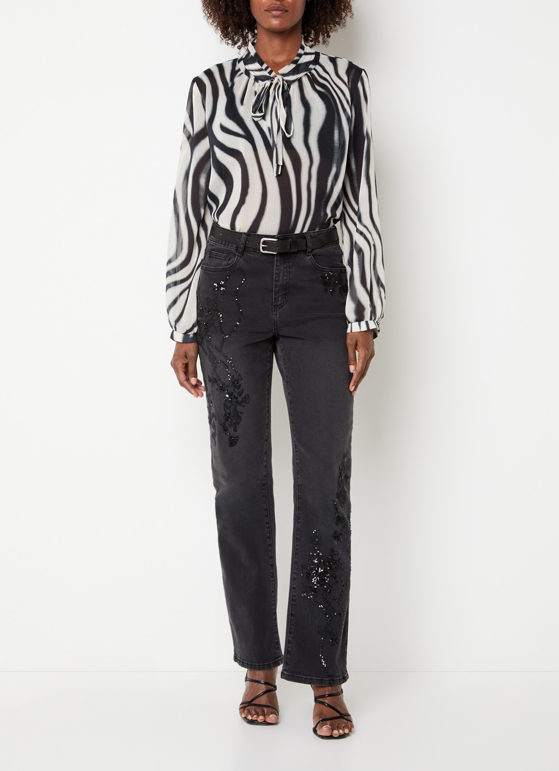 Joseph Ribkoff Semi-transparante tuniek met zebraprint - voorkant 3 gebroken wit