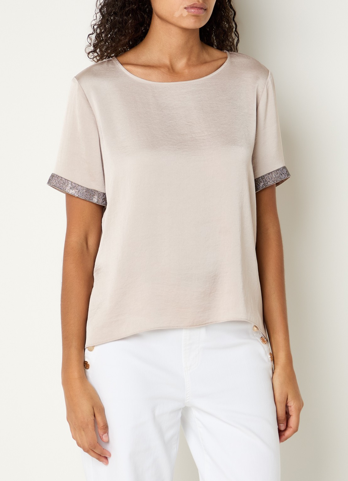 Joseph Ribkoff Top van satijn met strass - detail 4 donkerbeige