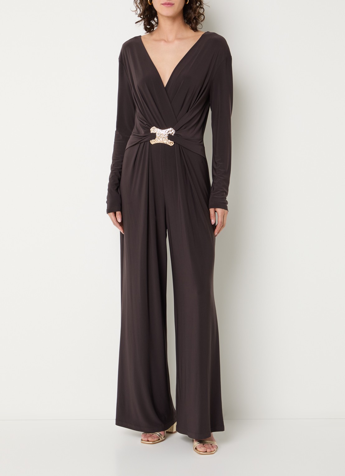 Joseph Ribkoff Wide fit jumpsuit met knoopdetail - detail 2 donkerbruin
