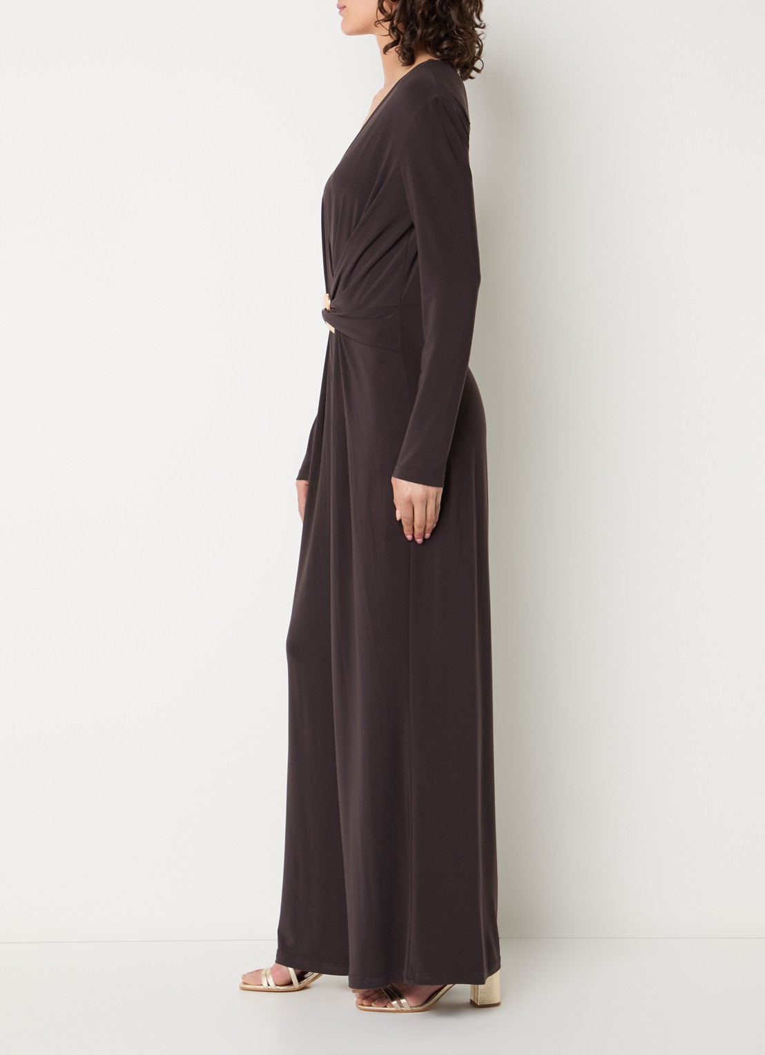 Joseph Ribkoff Wide fit jumpsuit met knoopdetail - voorkant 4 donkerbruin