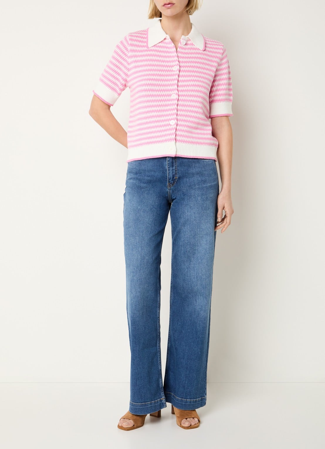 Josephine & Co Basha grofgebreid vest met streepprint - voorkant 3 roze