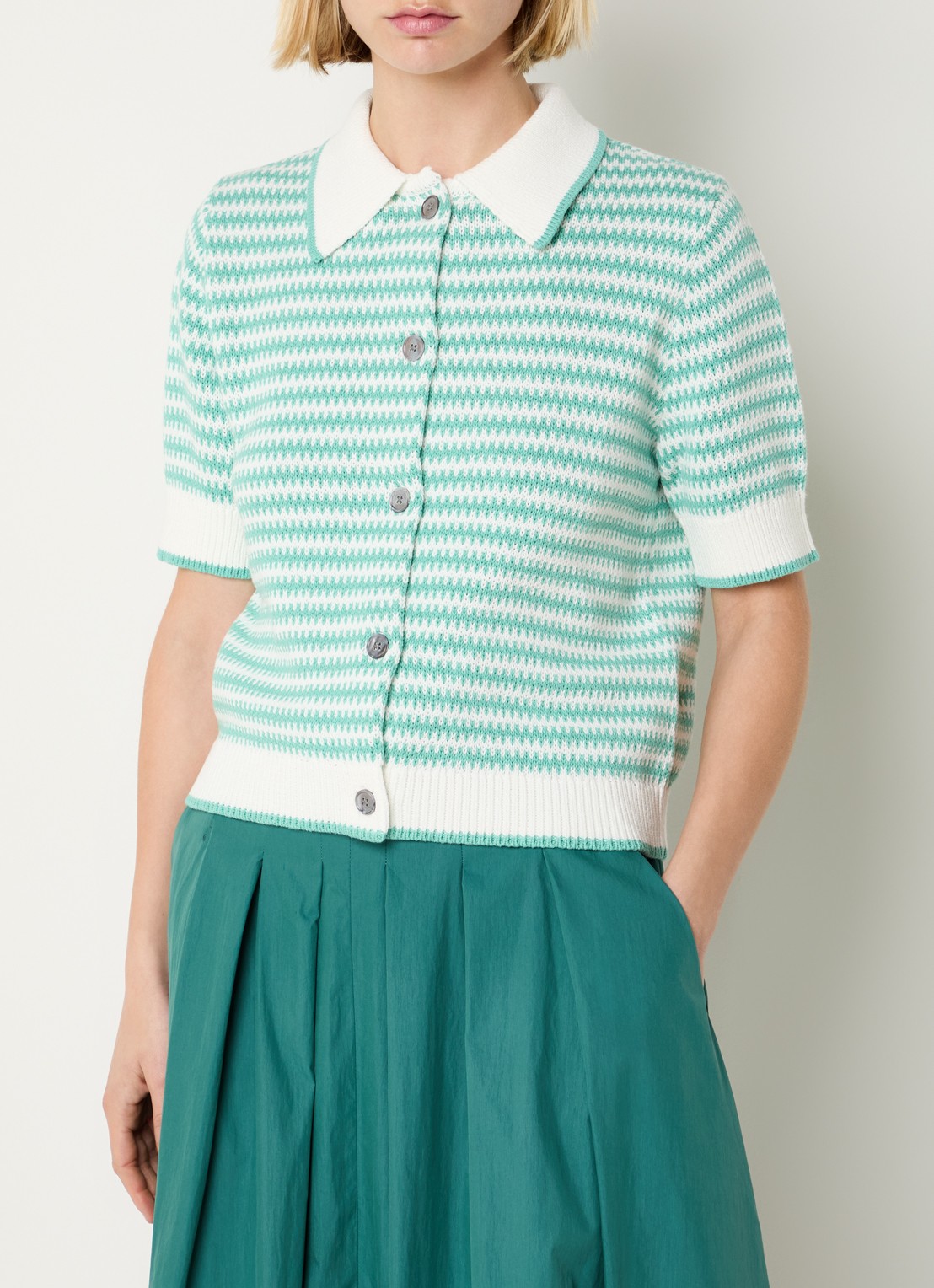 Josephine & Co Basha grofgebreid vest met streepprint - detail 4 zeegroen