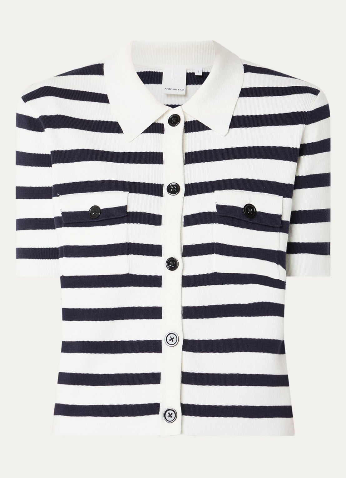 Josephine & Co Bastijn fijngebreide vest met streepprint - voorkant donkerblauw