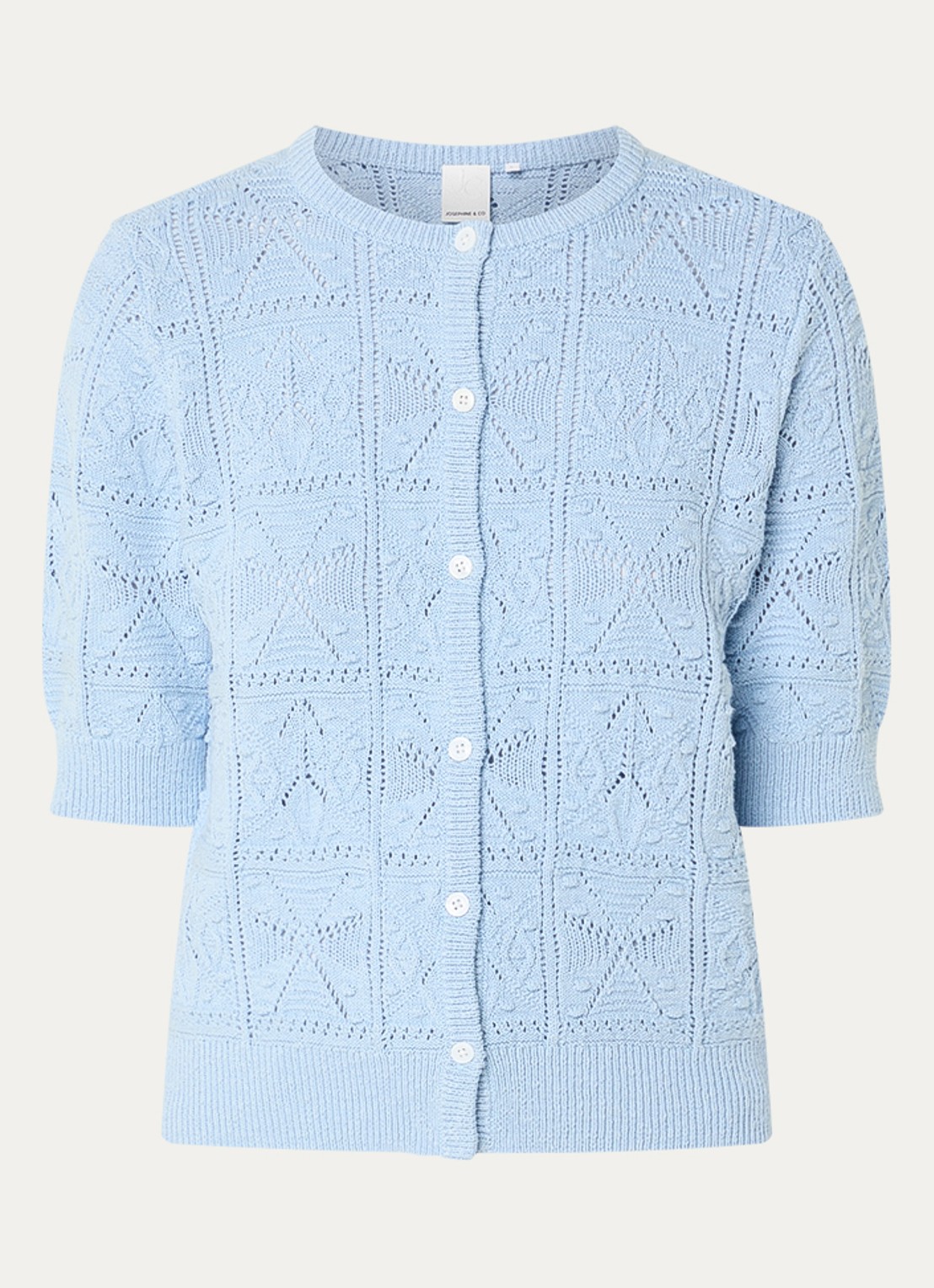 Josephine & Co Beau grofgebreid vest met opengebreid dessin - voorkant lichtblauw