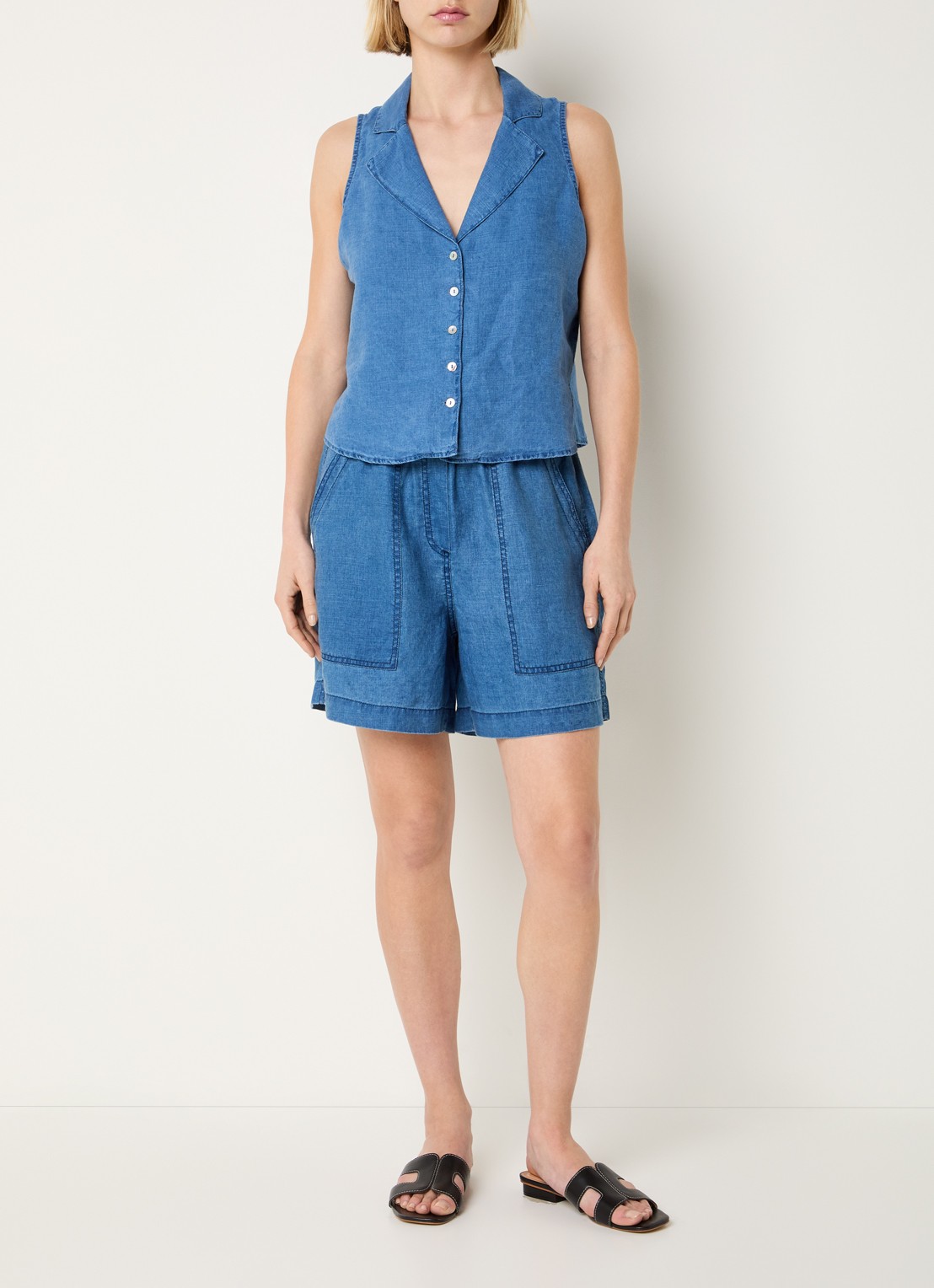 Josephine & Co Benno mid waist loose fit korte broek van chambray - voorkant 3 indigo