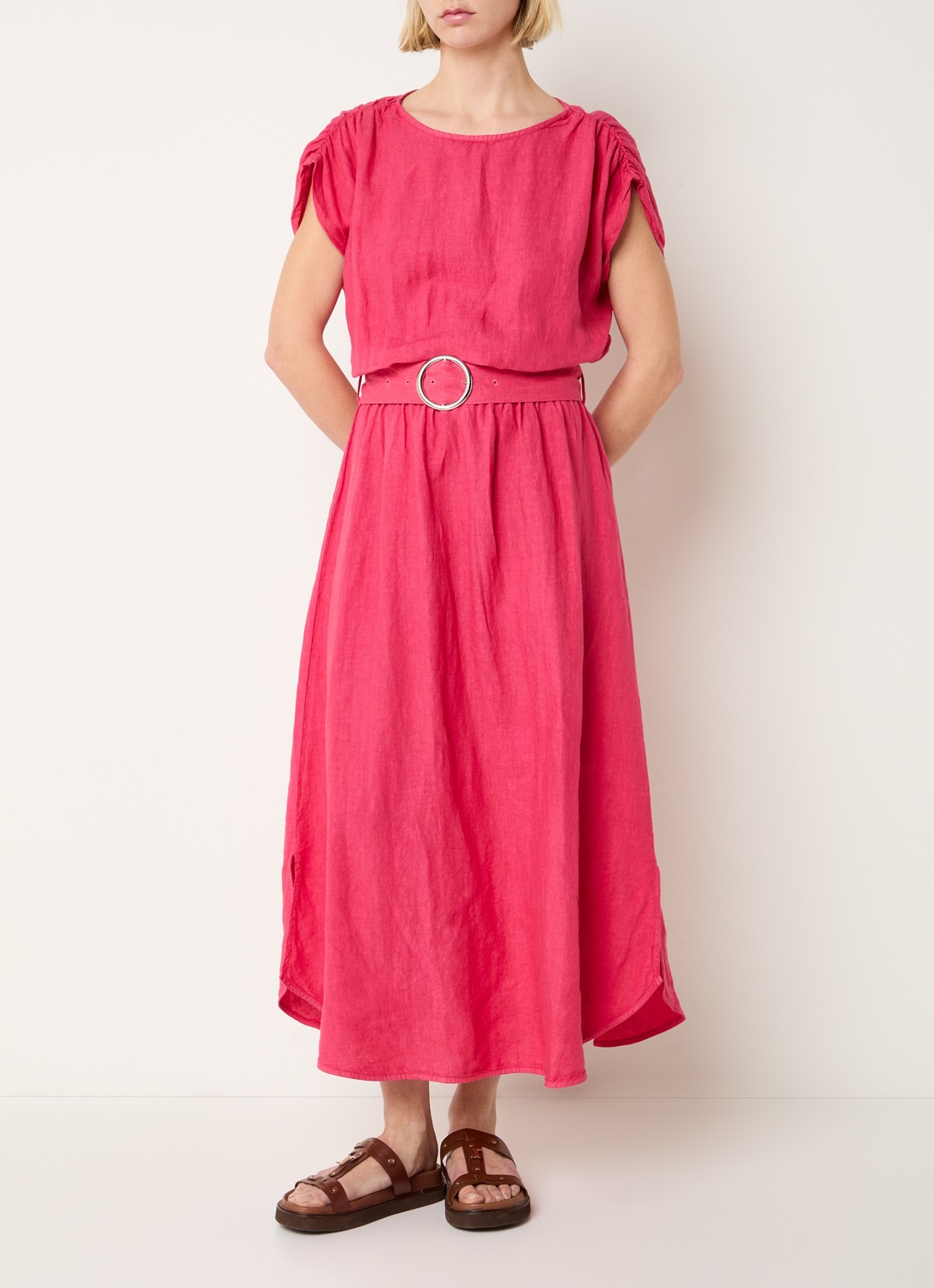 Josephine & Co Blayze jurk van linnen met ceintuur - detail koraalrood
