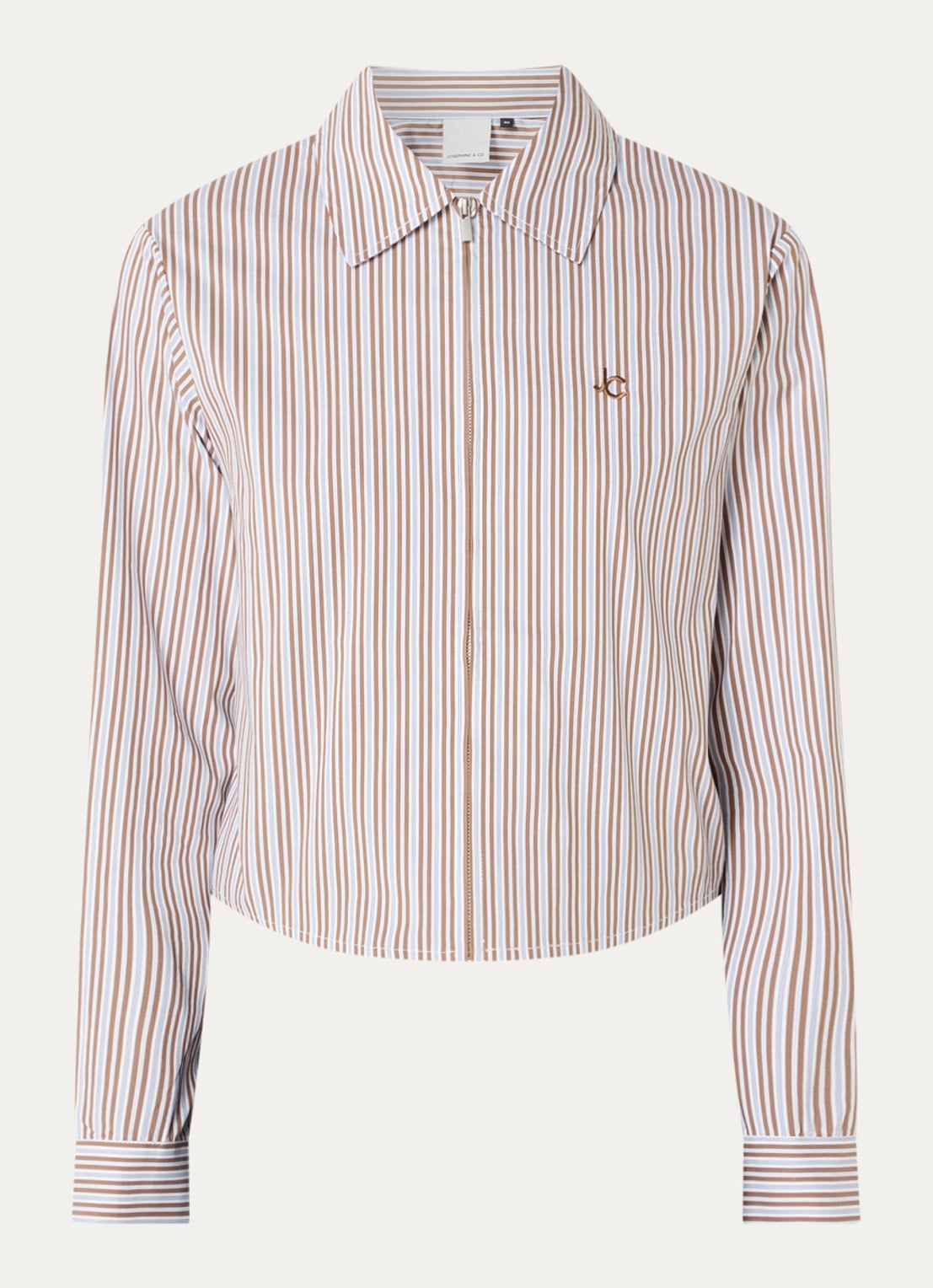 Josephine & Co Bodine blouse met streepprint en logoborduring - voorkant 3 camel