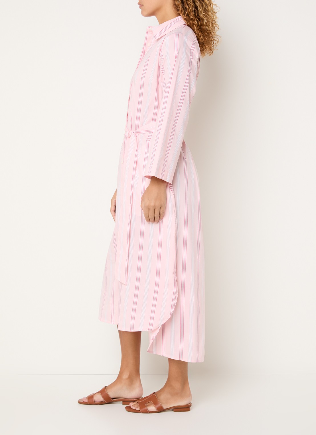 Josephine & Co Boudewijn midi blousejurk met streepprint en strikceintuur - voorkant 3 lichtroze