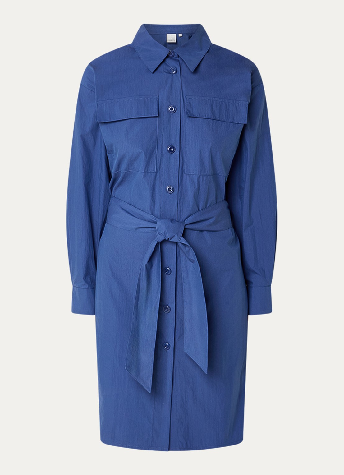 Josephine & Co Brien blousejurk met opgestikte zakken en strikceintuur - voorkant royalblauw