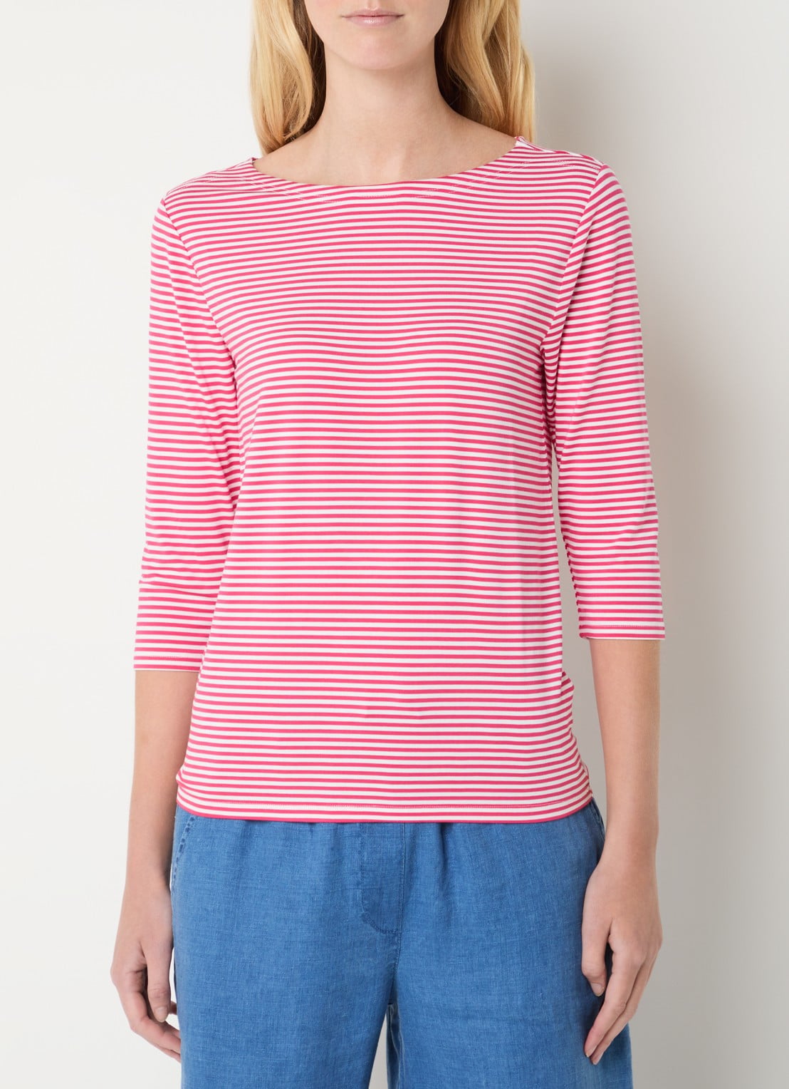 Josephine & Co Brit T-shirt met boothals en streepprint - detail 2 koraalrood