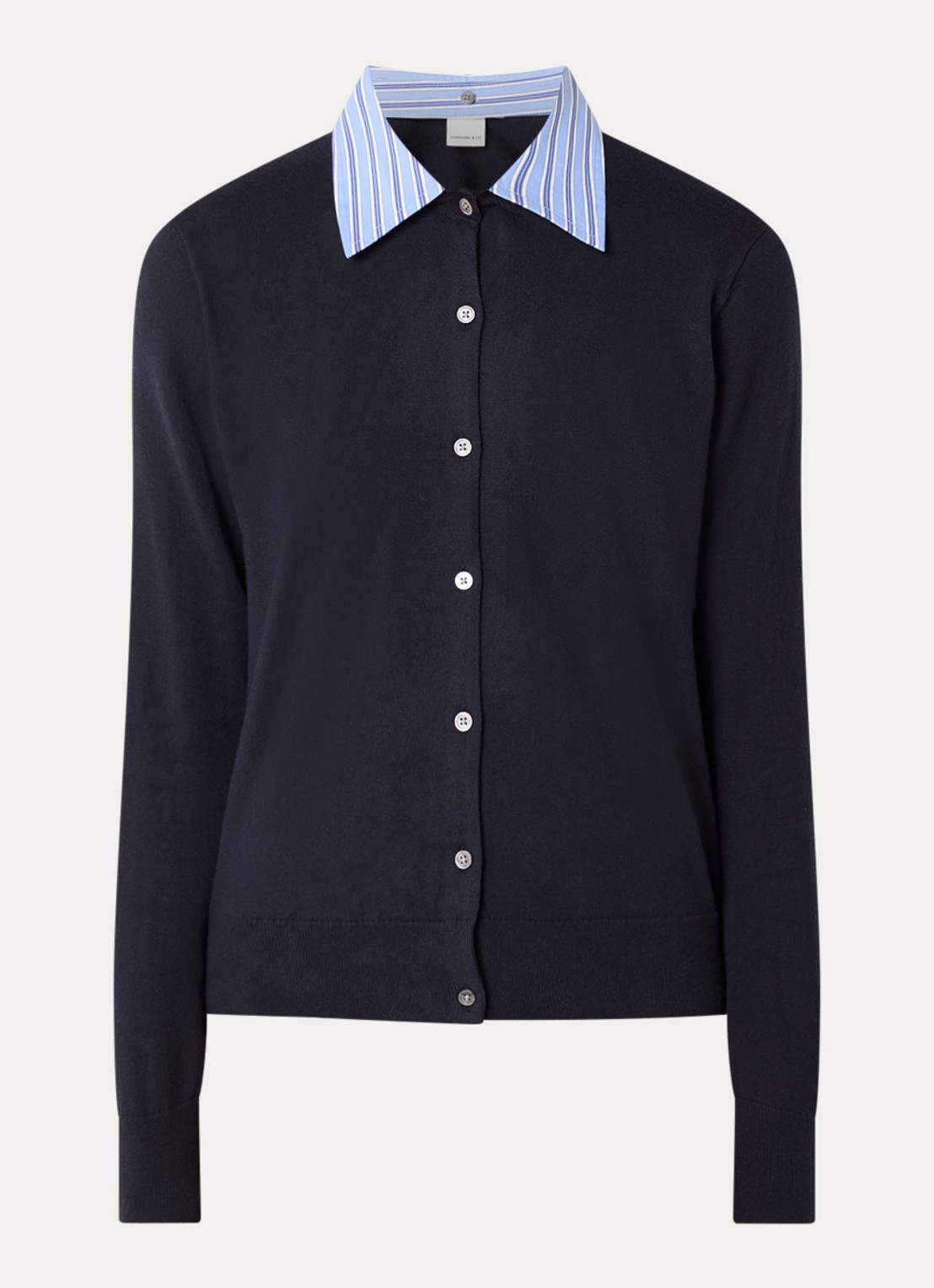 Josephine & Co Carleigh fijngebreid vest met afneembare kraag - voorkant 3 donkerblauw