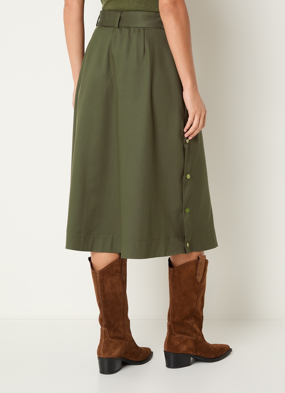 Josephine & Co Cassie midi rok met steekzakken en ceintuur - achterkant 3 mosgroen