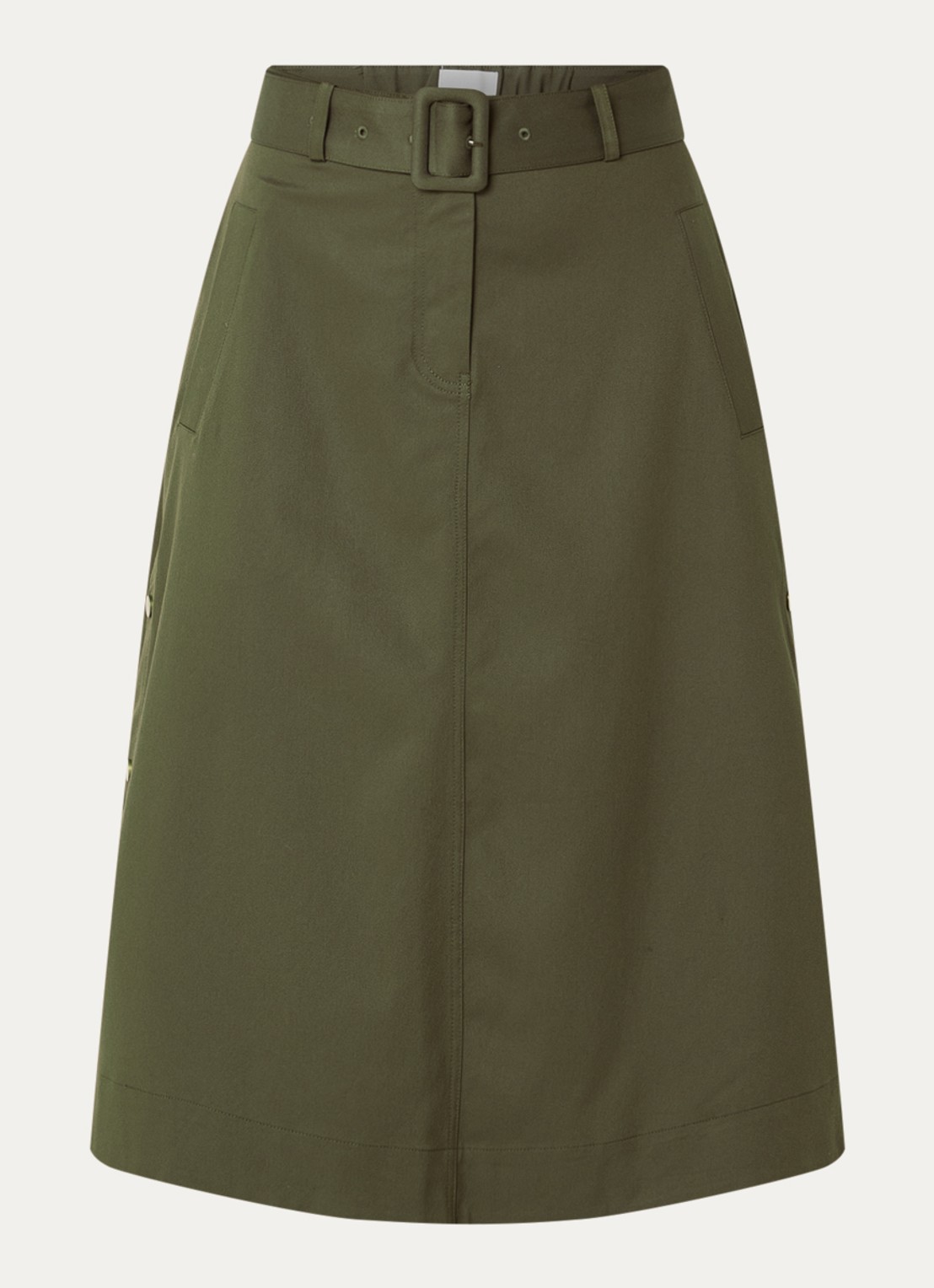 Josephine & Co Cassie midi rok met steekzakken en ceintuur - voorkant mosgroen