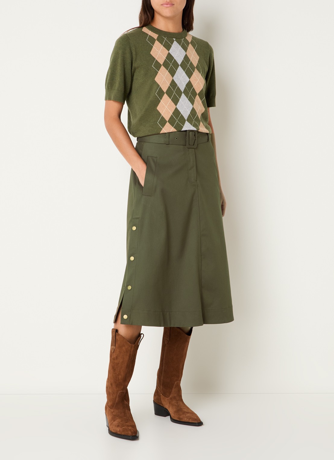 Josephine & Co Cassie midi rok met steekzakken en ceintuur - voorkant 2 mosgroen