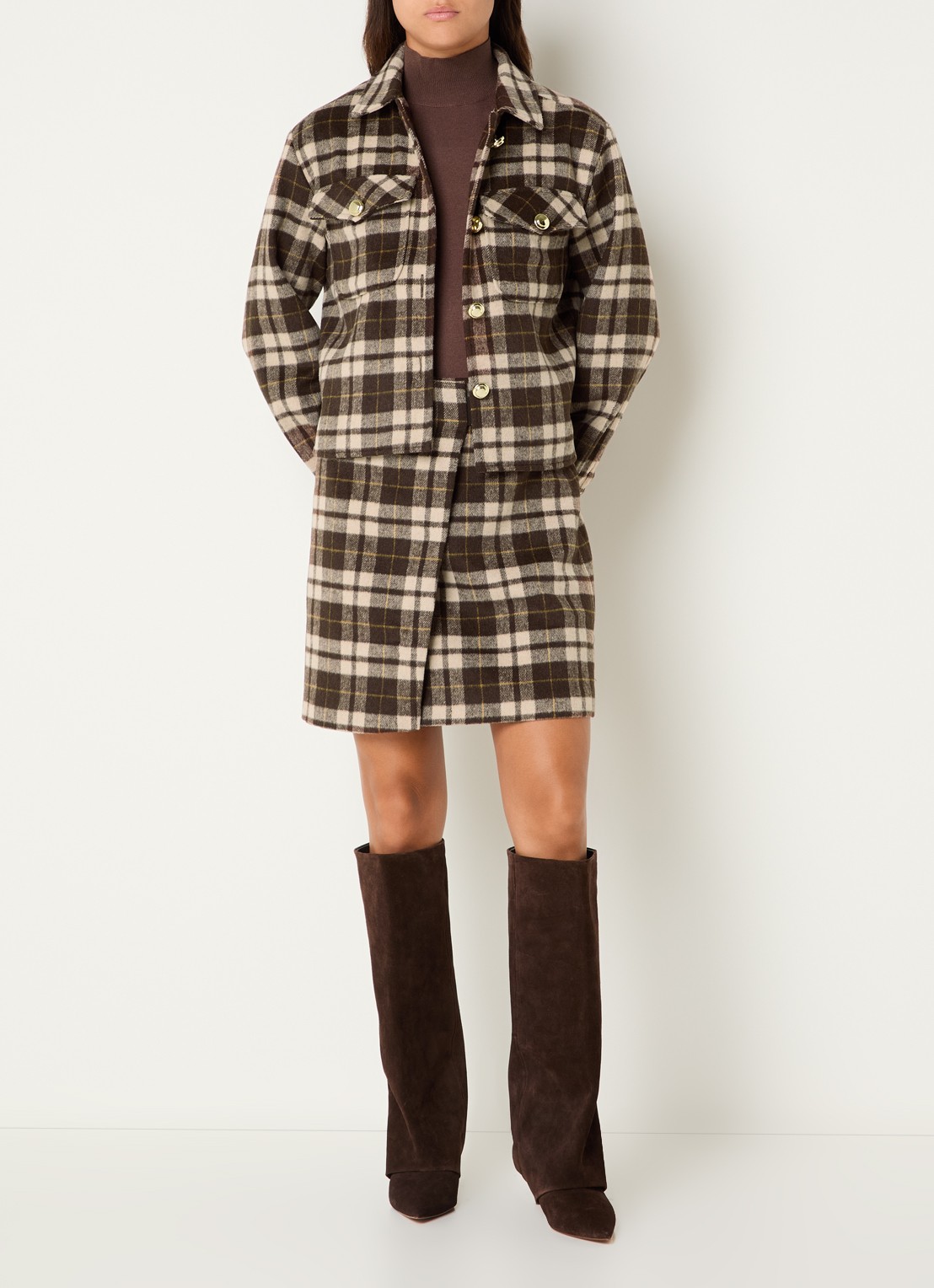 Josephine & Co Ceylin mini rok in wolblend met ruitdessin - voorkant 2 bruin