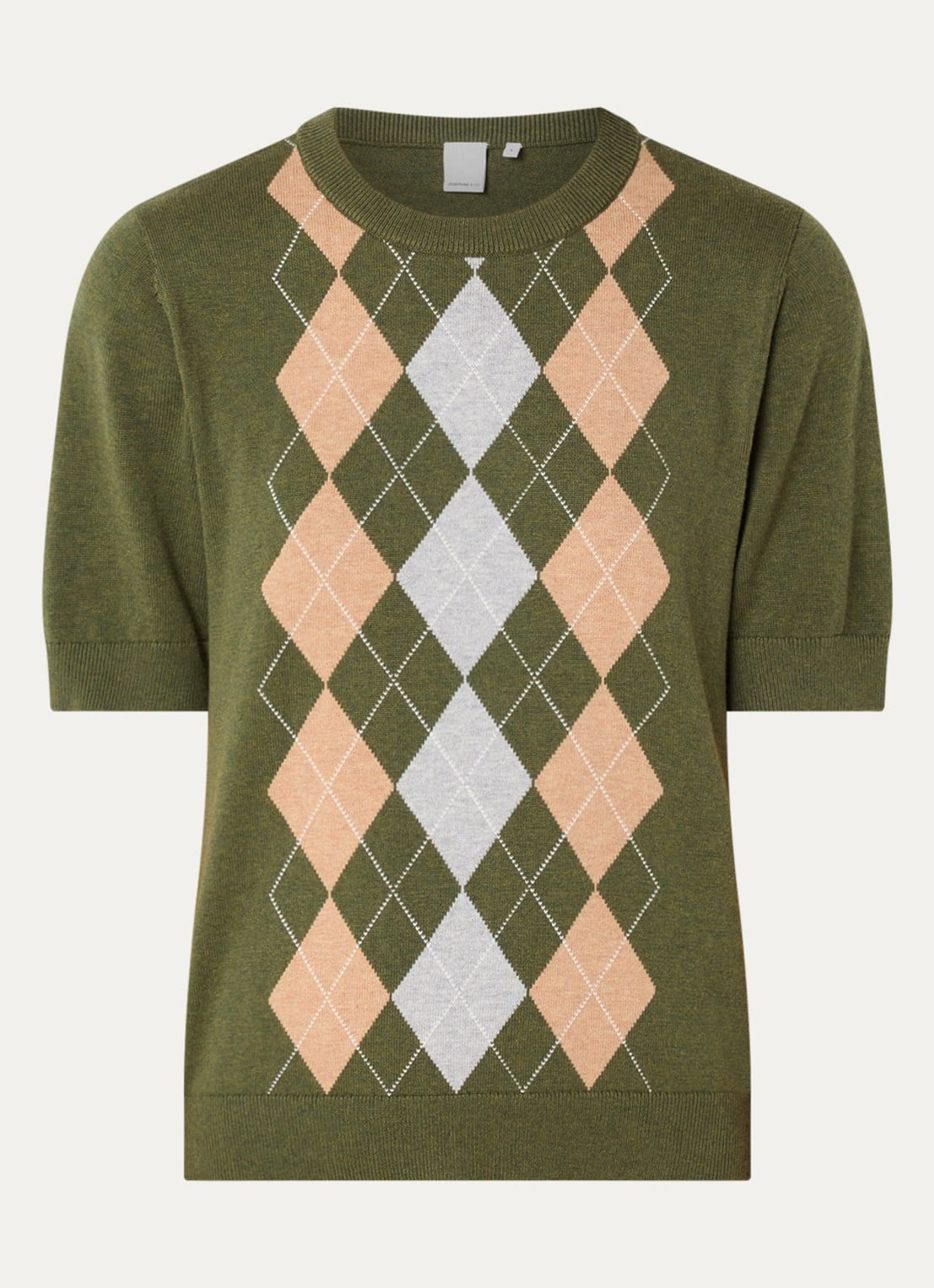 Josephine & Co Chandler fijngebreid T-shirt in wolblend met ruitdessin - voorkant 3 legergroen