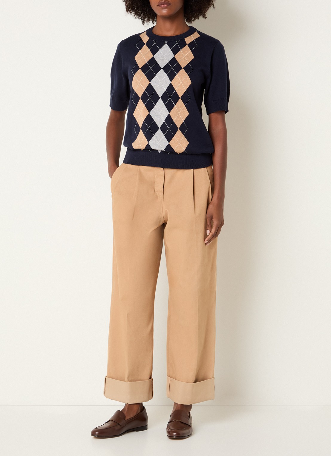 Josephine & Co Chandler fijngebreide T-shirt in wolblend met ruit dessin - voorkant 4 donkerblauw