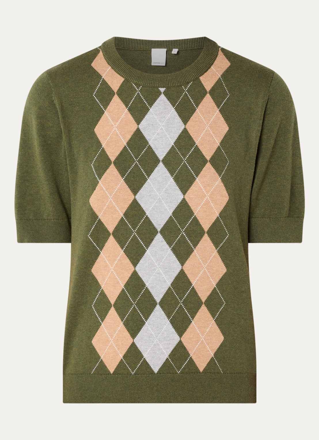 Josephine & Co Chandler fijngebreide T-shirt in wolblend met ruit dessin - voorkant 2 legergroen
