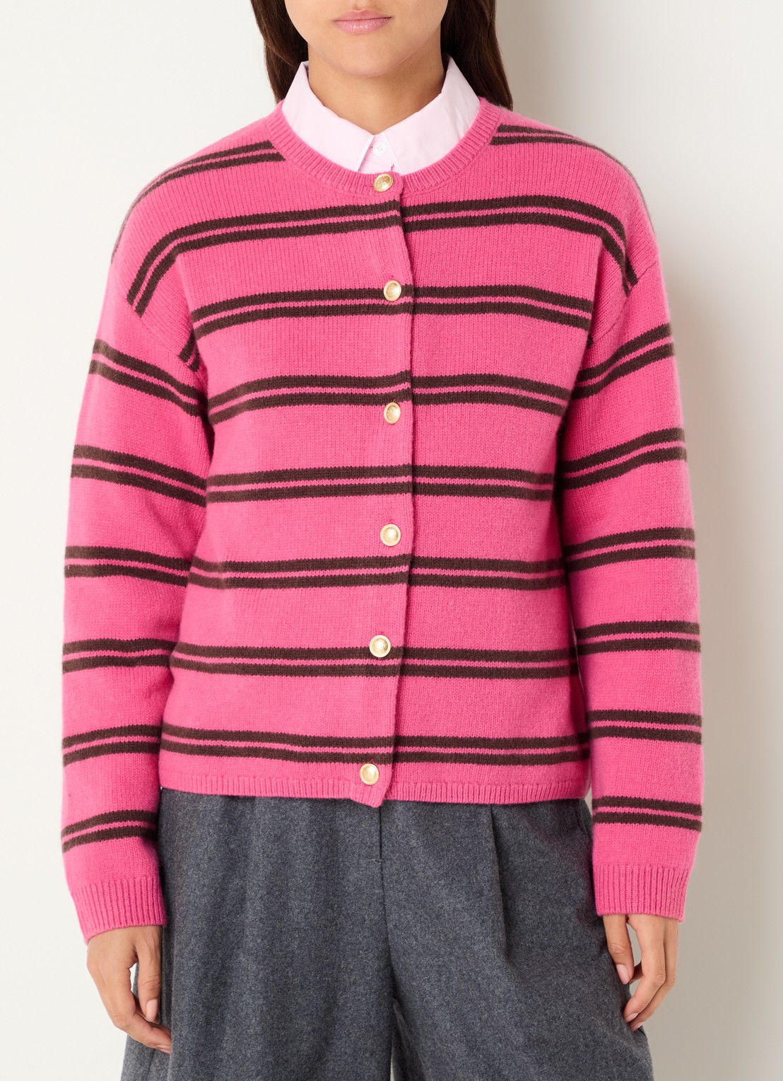 Josephine & Co Chiara grofgebreid vest in lamswolblend met streepprint - detail fuchsia